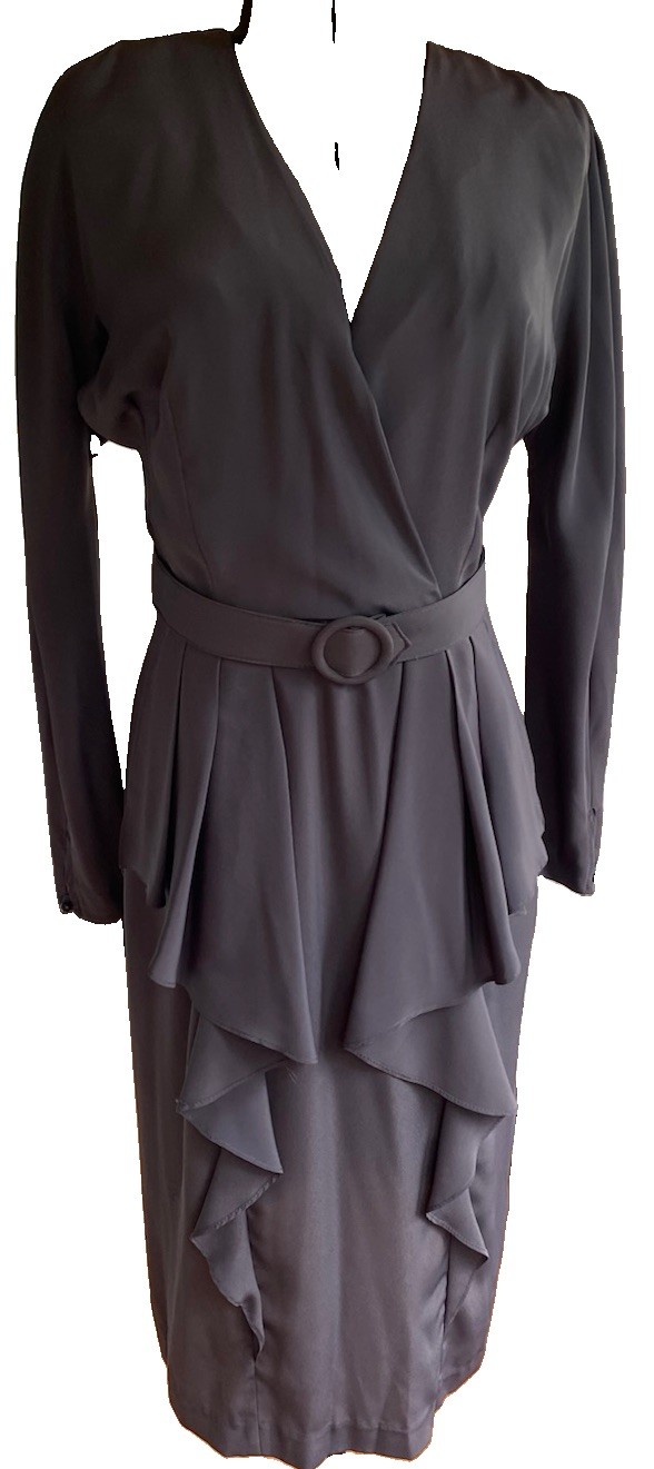 Vintage A La Carte California Dress Grey Cascading Ruffle Belted V-neck