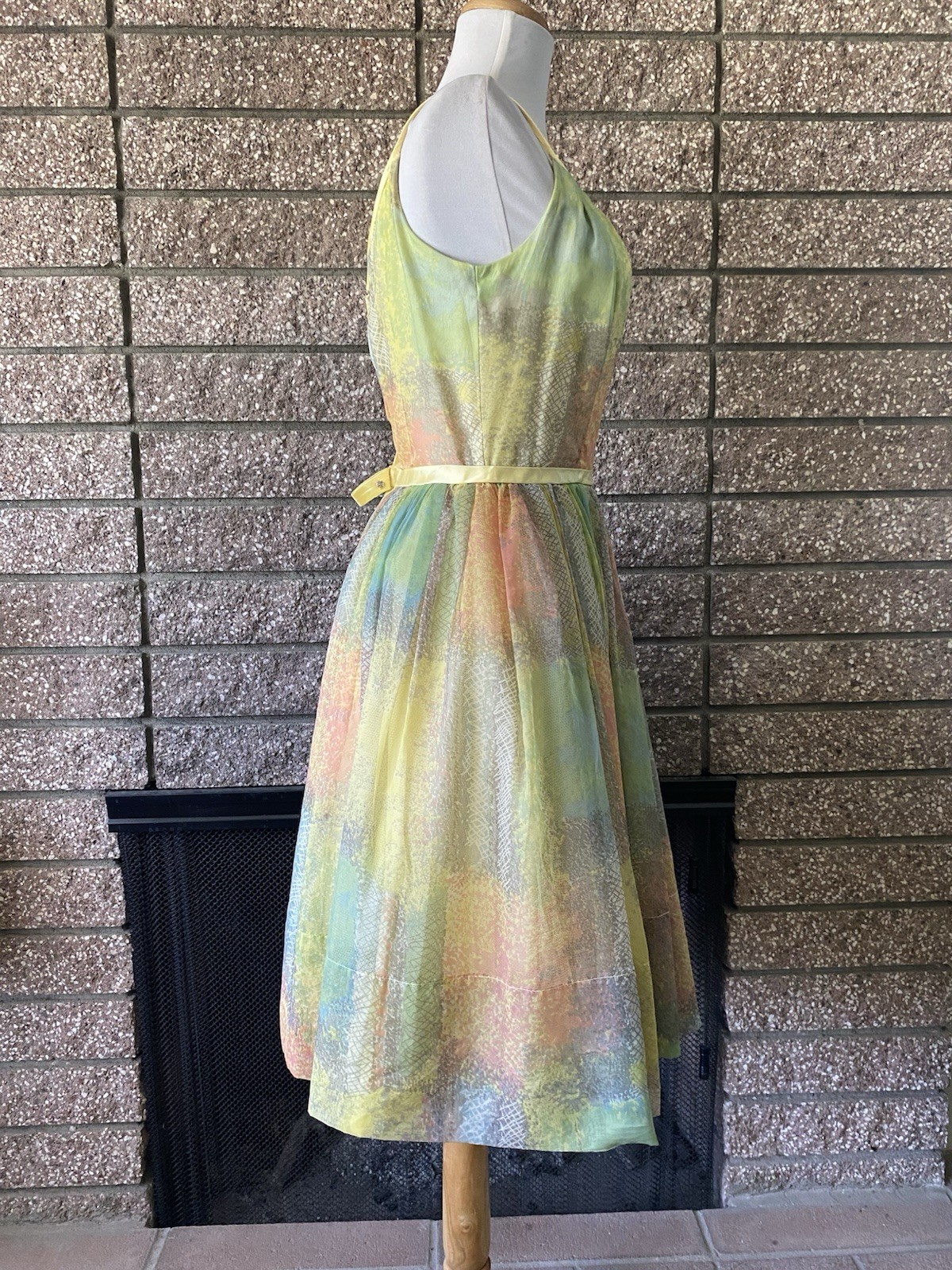 Vintage 1950s Colorful Party Dress Petticoat Fall Spring Watercolor Yellow small
