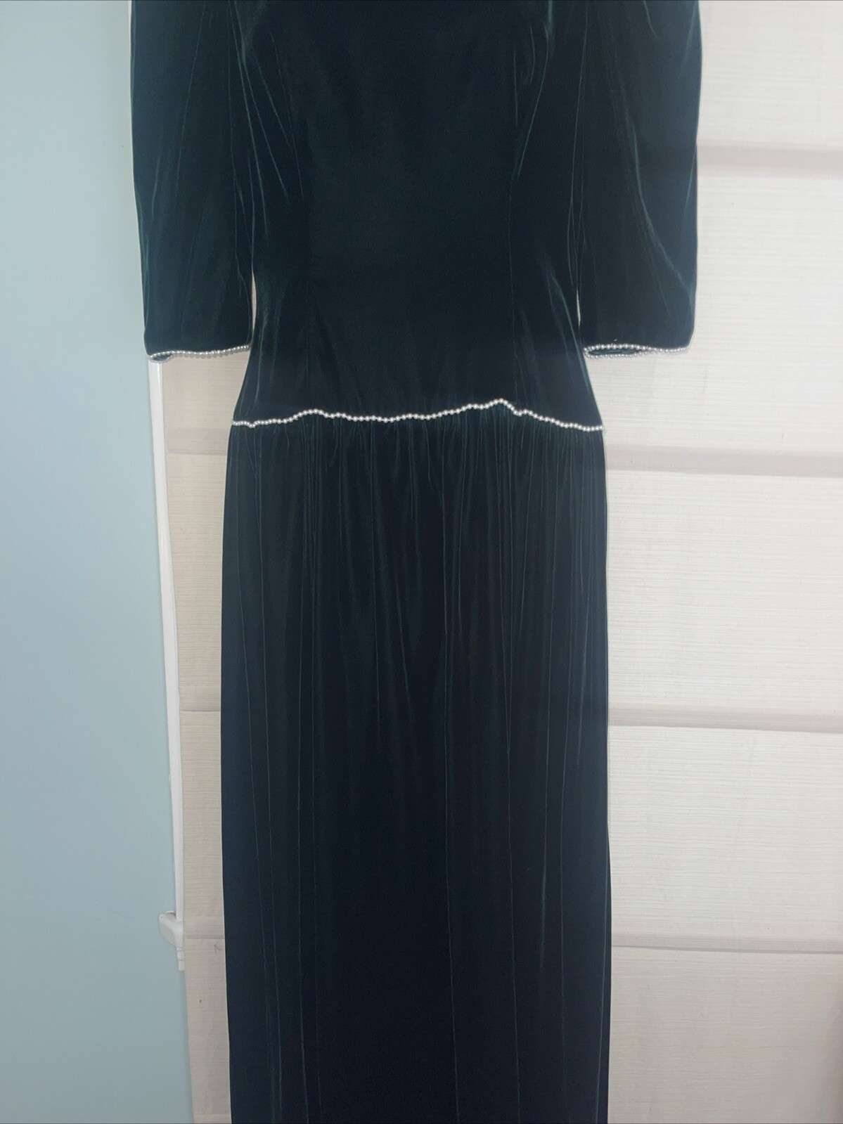 VTG Victorian Hunter Green Velvet Maxi Dress Custom Made For Wedding~Pearls~XS