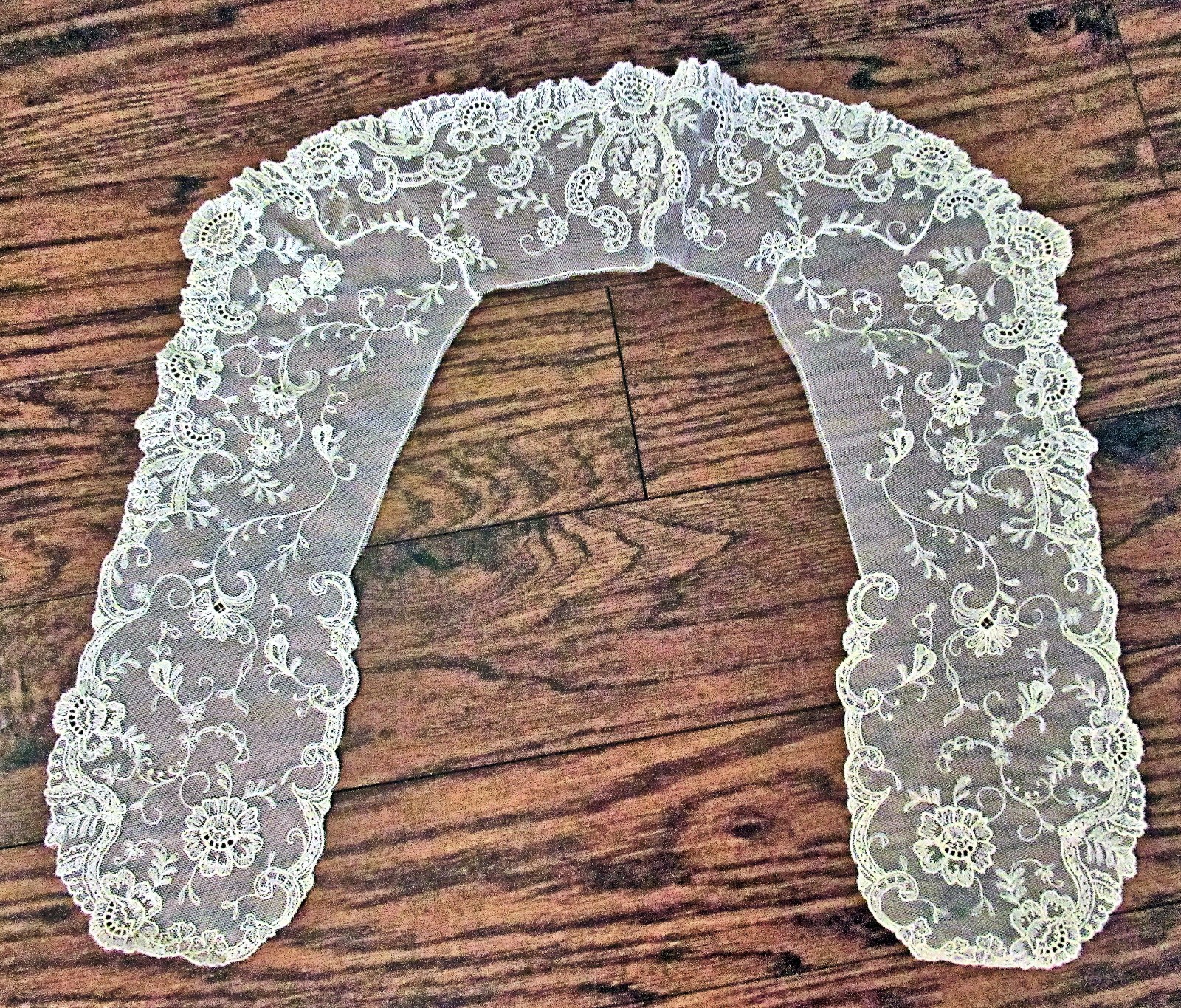 Vtg Lady’s Collar Lappet Scarf Limerick Lace Floral Embroidered Net