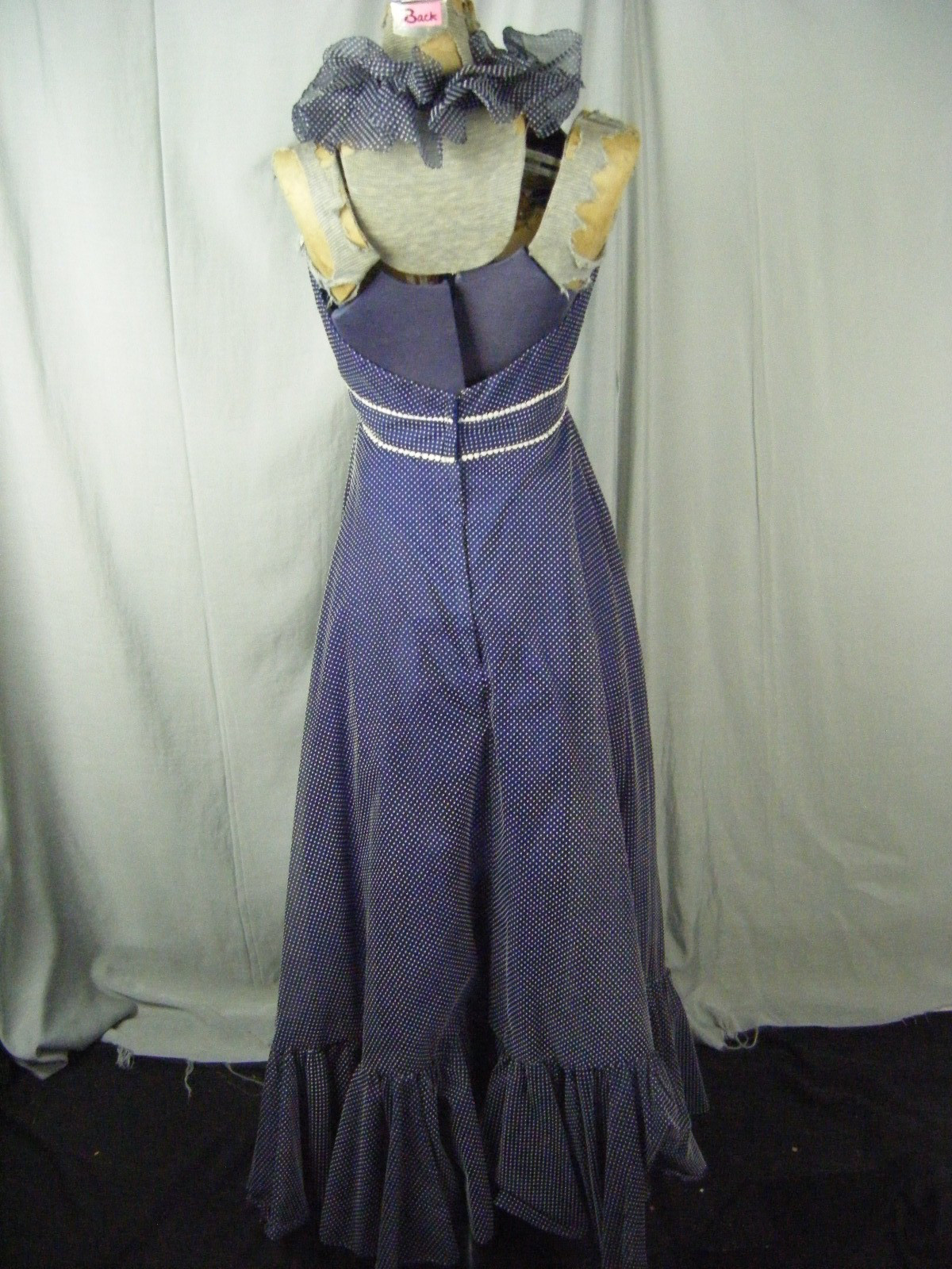 MIKE BENETT FORMALS Vtg 70s Navy Felt Dots Ruffle Halter Dress-Bust 34/XS