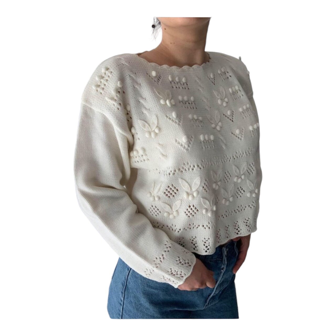 New Rare Item Vintage 80s Retro Cream Crochet Floral Sweater Medium
