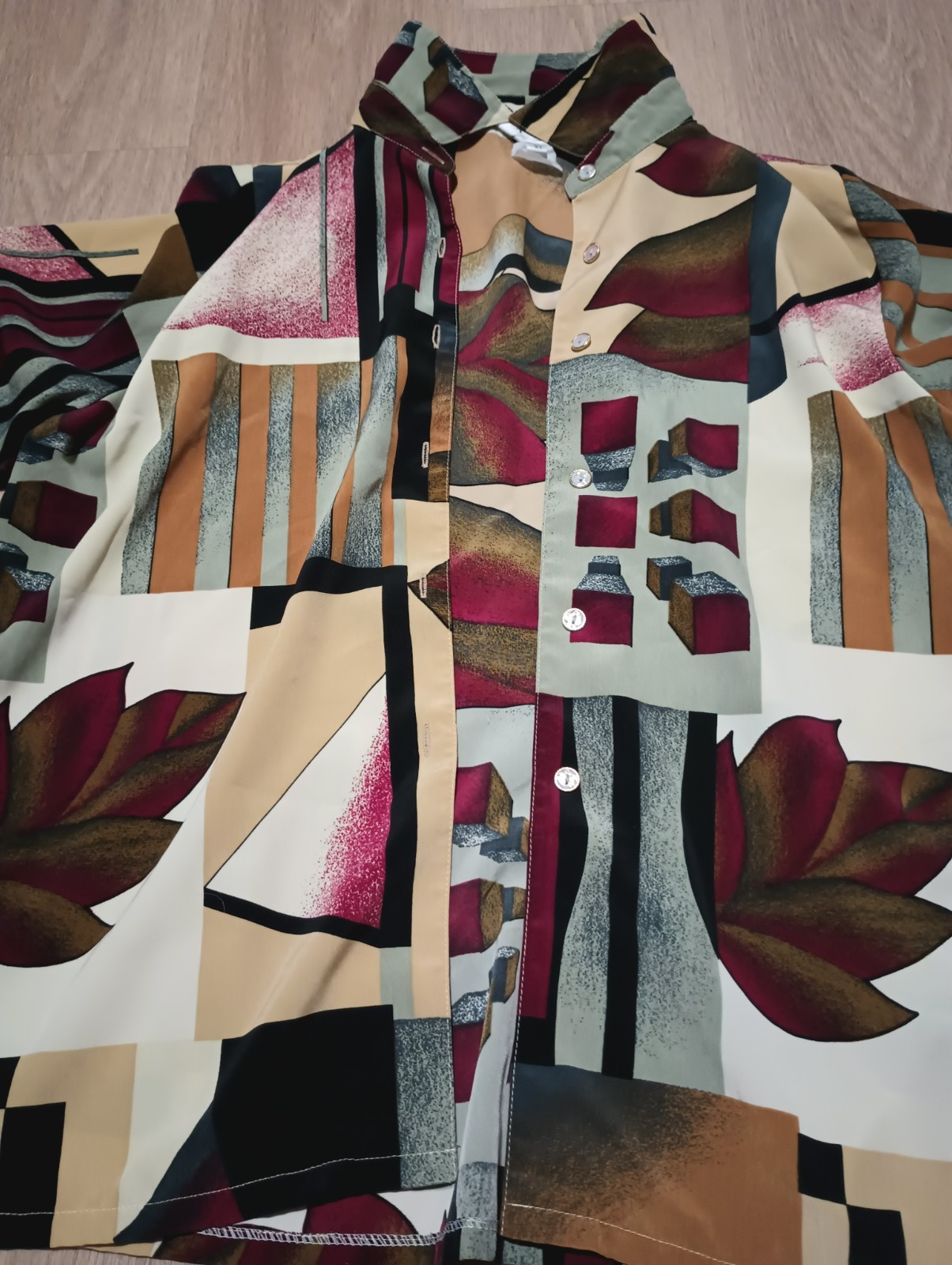 Vtg 80s Geometric Patchwork Print Kitsch New Wave Statement Button Up Top XL
