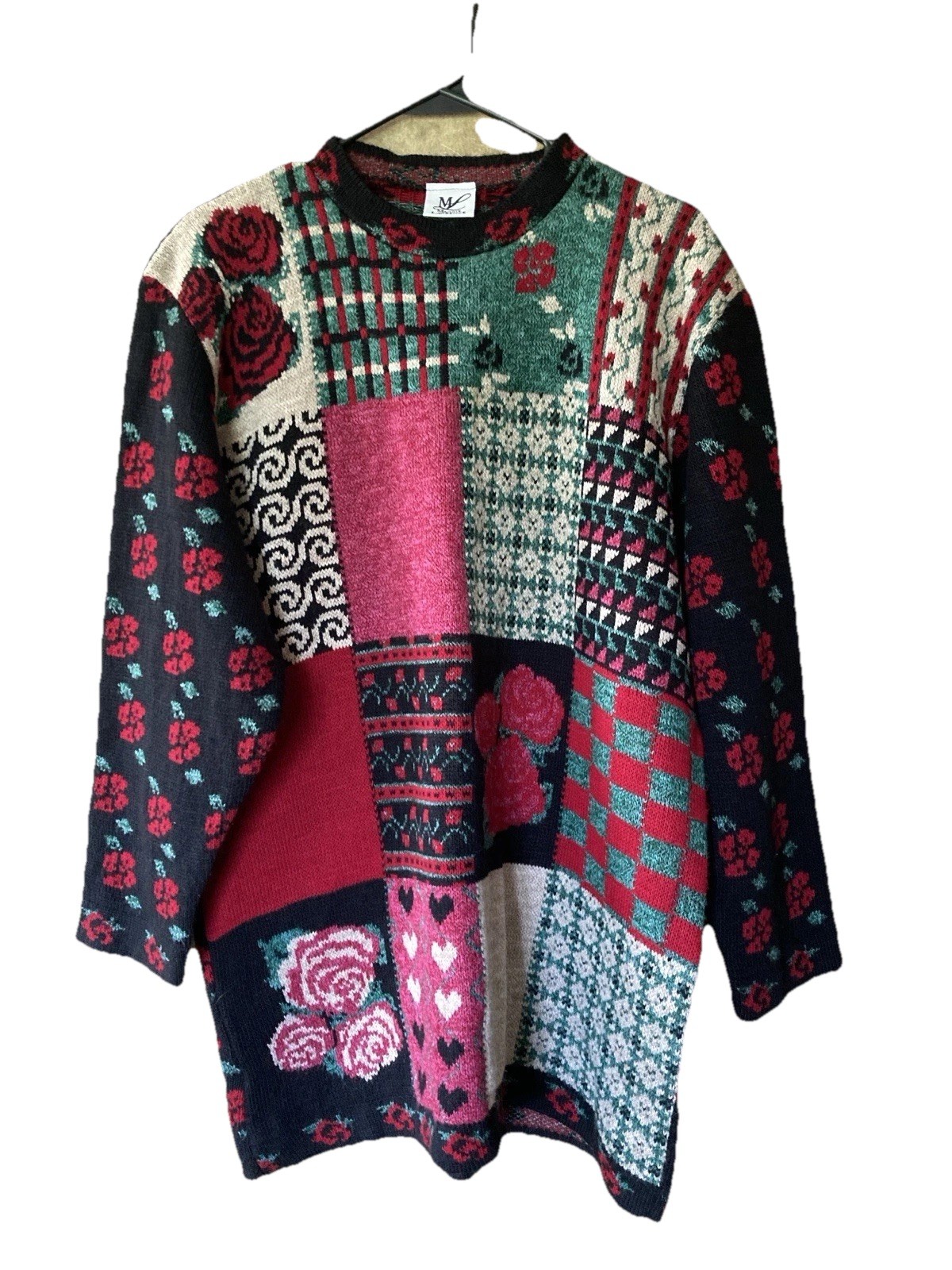 Vintage 1980’s Maggie Lawrence Granny Core Floral Roses Festive Sweater Black XL
