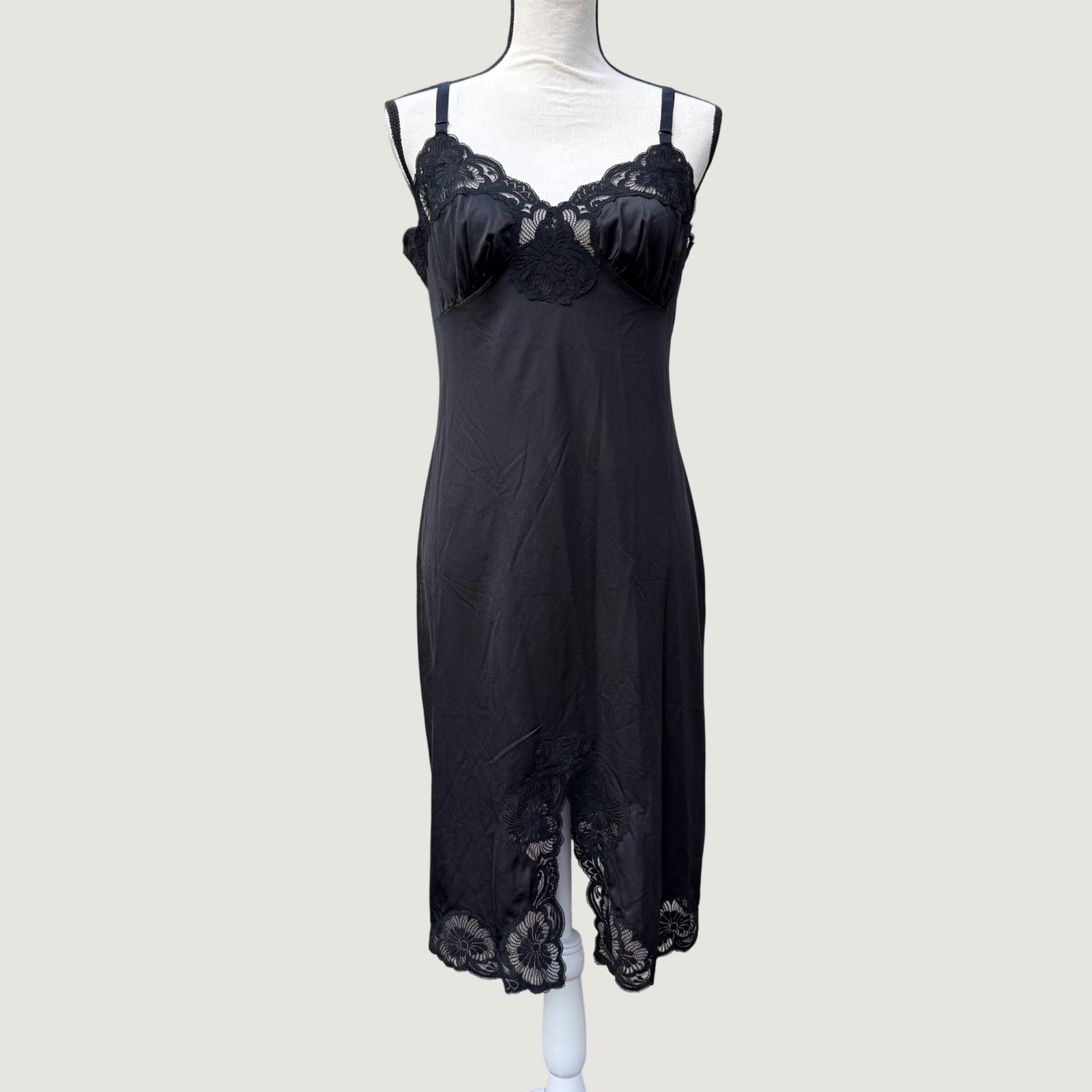 Vintage Shadowline Black Lace Trim Full Slip Dress 36 Tall Made in USA Nylon