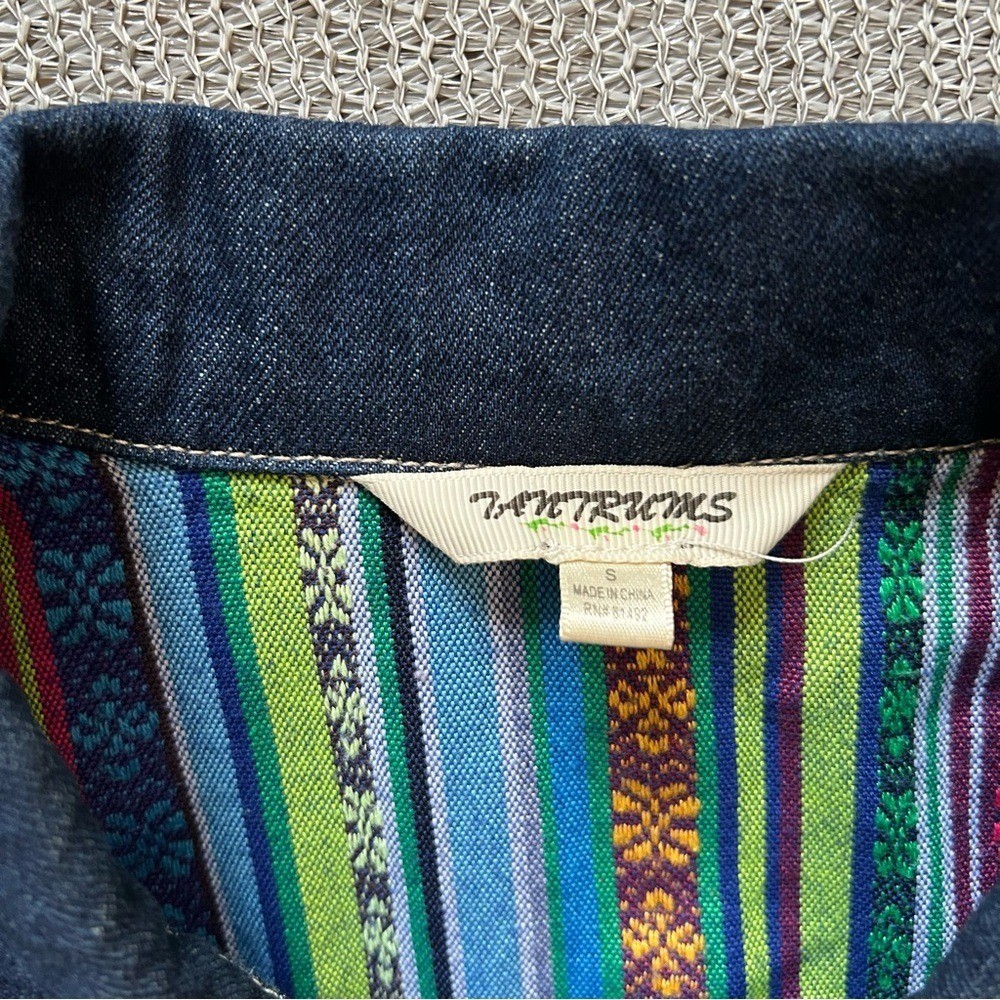 Tantrums Denim Jacket Small Boho Embroidered Aztec Tribal Print Trim Jean