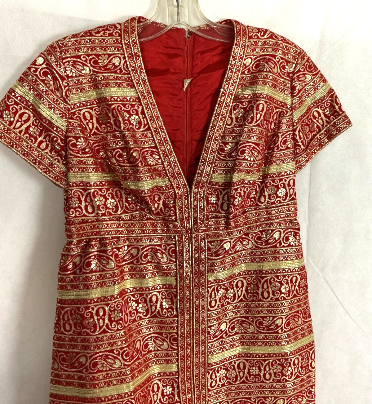 Vintage 60’s Metallic Gold Red Lurex Brocade Hostess Evening Gown