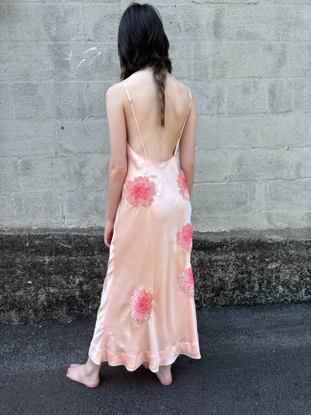 Vintage 1930s Peach Silk Bias Cut Sleeveless Slip Dress w/ Sequin Details XS-M