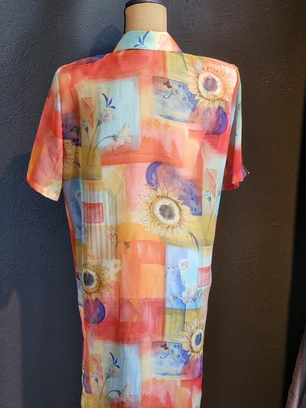 Sea Suns Vtg 80s Sheer Sunflower Themed Maxi Shirt Dress Medium