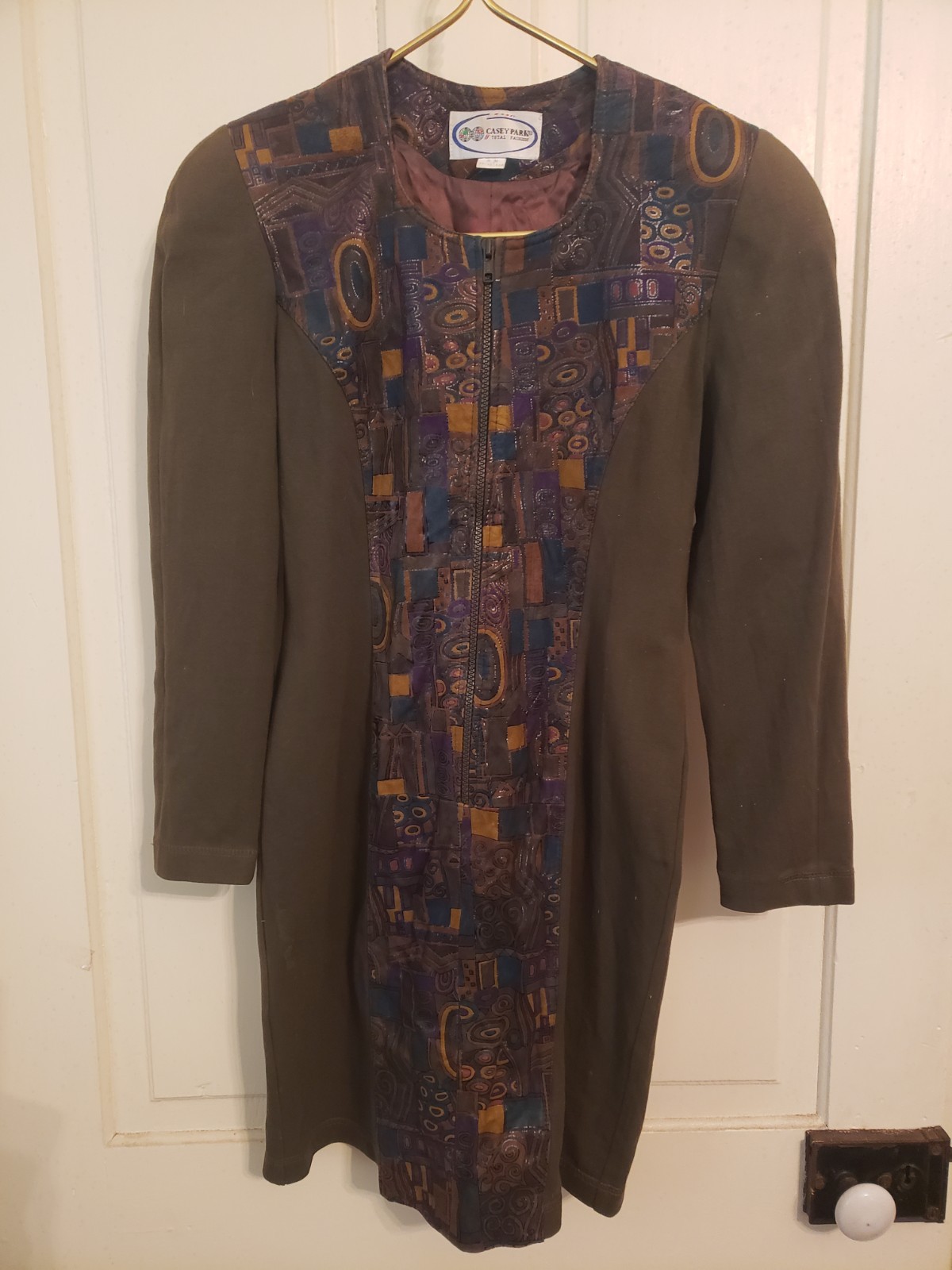 Casey Parks vintage 1980s leather and jersey zip front dress batik earthtones 6
