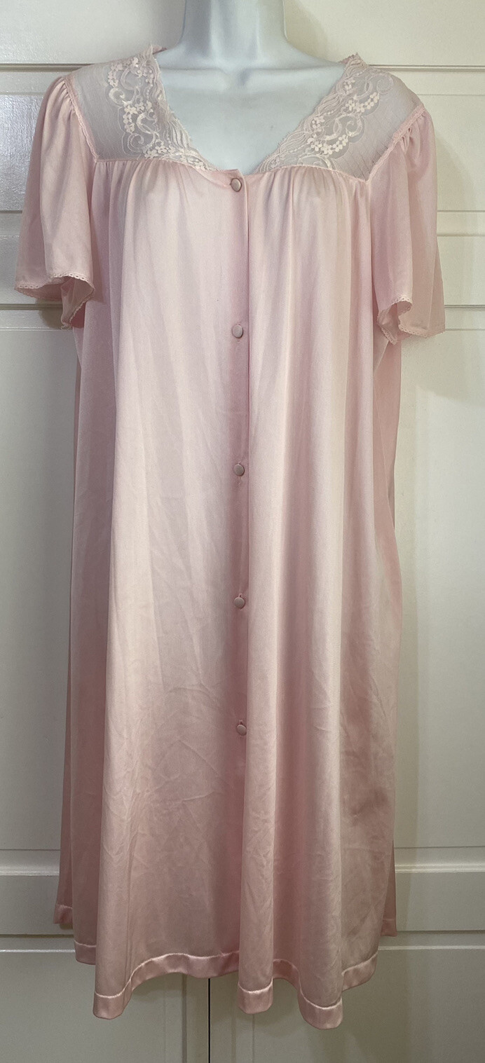 Vintage Vassarette Pink Nylon Button Front Short Sleeve Night Gown Robe LARGE