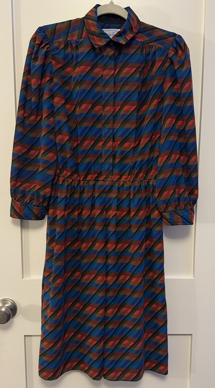 Vintage Mod Dress 8 Geometric Stripes Mad Men 70s Retro Modest Leslie Fay