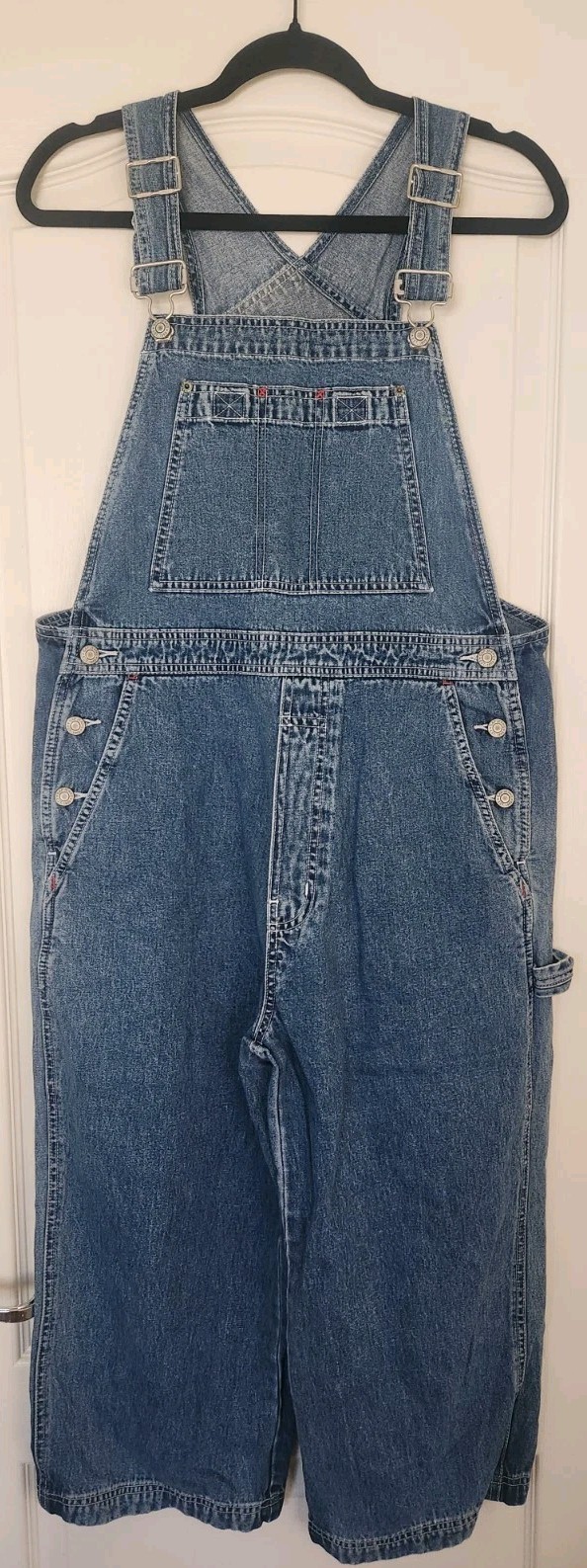 Vintage GAP Factory Denim Overalls Women’s Size M Blue Wash Red Stitch Wide Leg