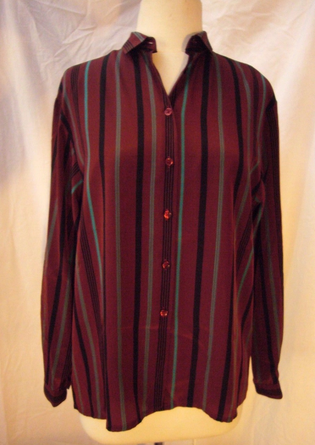 Vintage JEAGER Burgundy Wine Striped Blouse Size to Fit 36 inches
