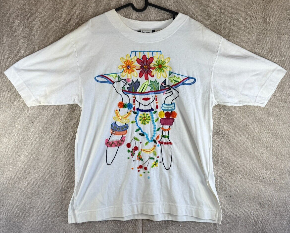 VTG Jacque & Koko Womens Sz 14/16 White T Shirt Floral Colorful 1980’s