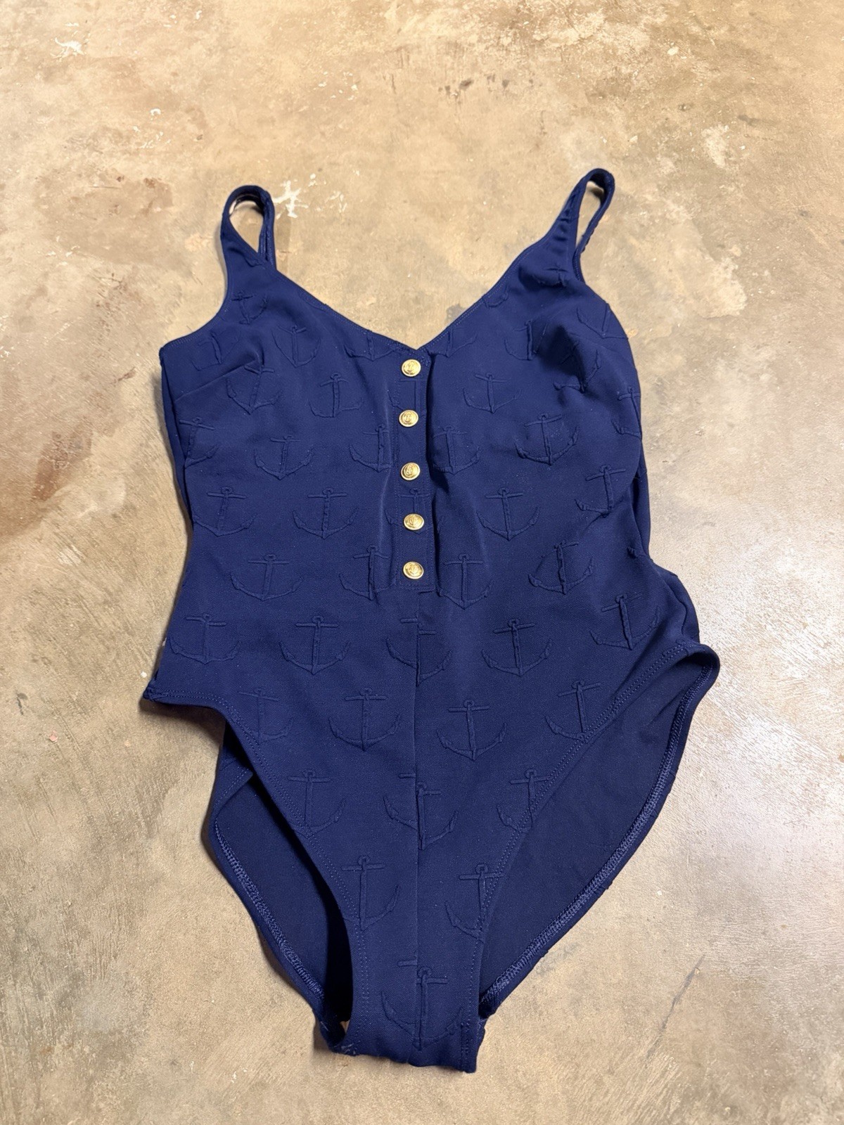 Vintage Anchor Swimsuit La Blanca Size 16 70s 80s Navy Blue Gold Anchor Buttons