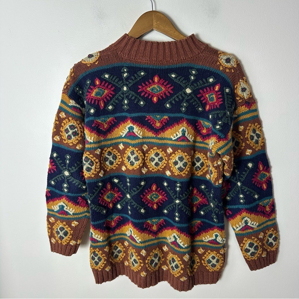Vintage Paul Harris Brown Navy Boho Folk Tapestry Knit Sweater Small Indie 90s