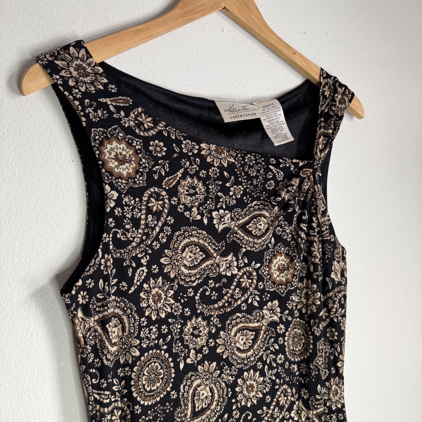 Vtg 90s Paisley Hi-Low Hem Midi Dress Womens Medium 8/10 Black Brown Boho Grunge
