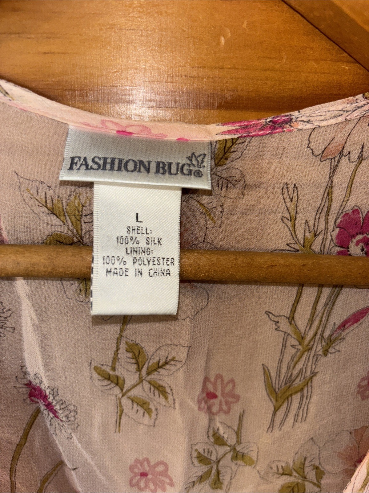 Vintage Silk Sheer Pink & Floral top Sz L Faux Pink Pearl Buttons Cap Sleeve