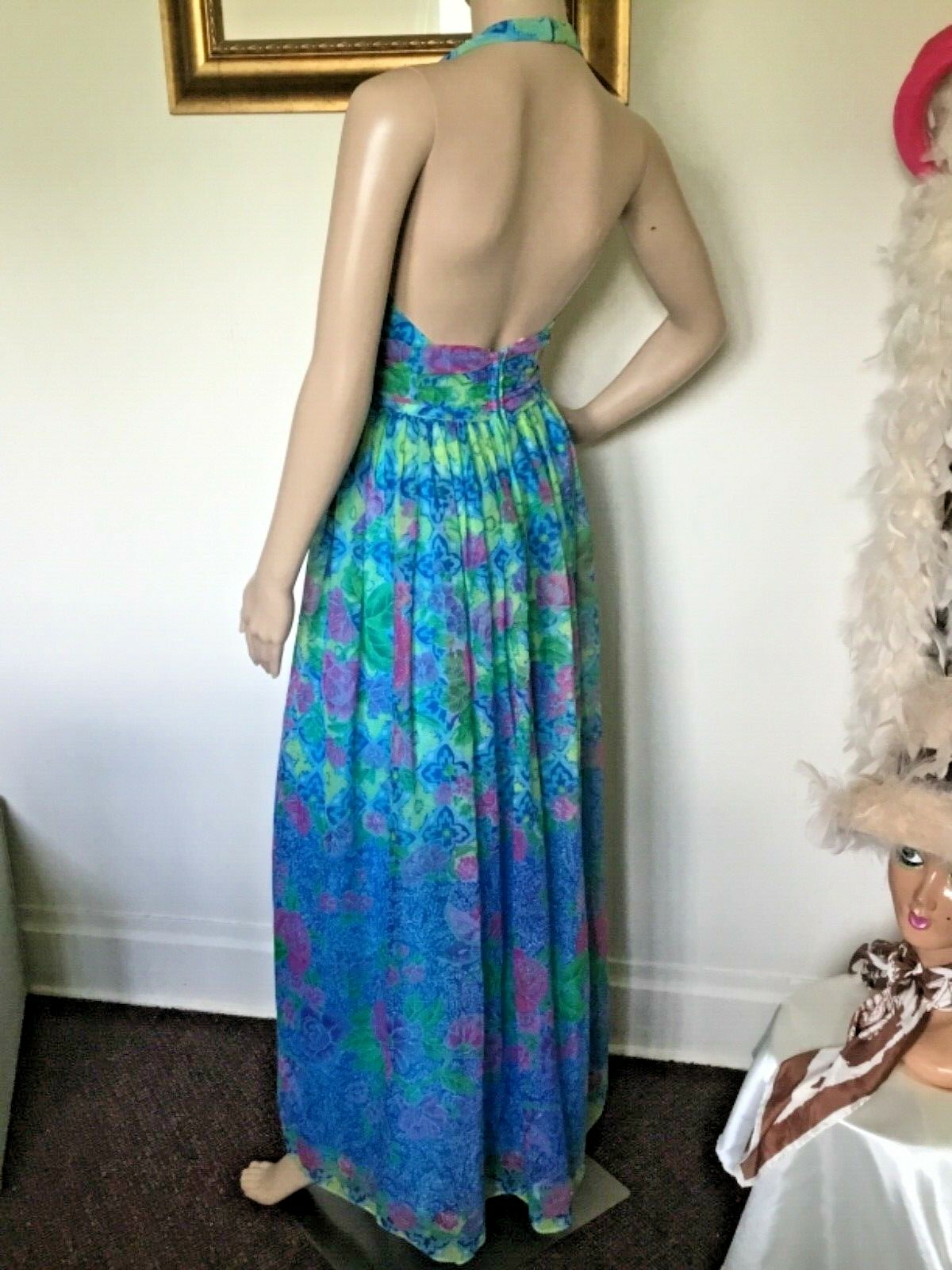 70’s Vintage Blue Neon Yellow/Pink Floral Sexy Halter Top Maxi Dress