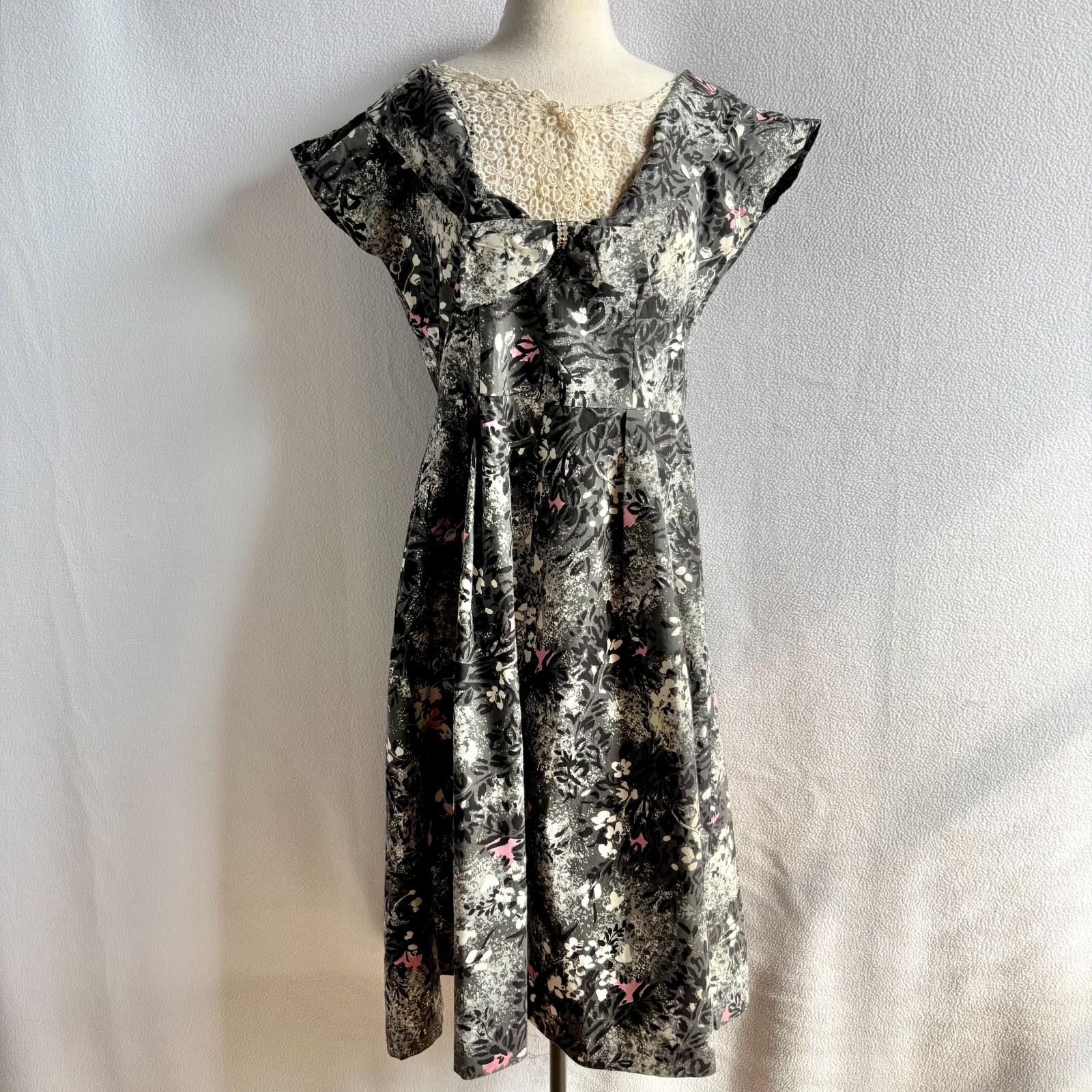 Vintage 1950s Pink Black Gray Abstract Print Fit & Flare Cotton Dress M/L