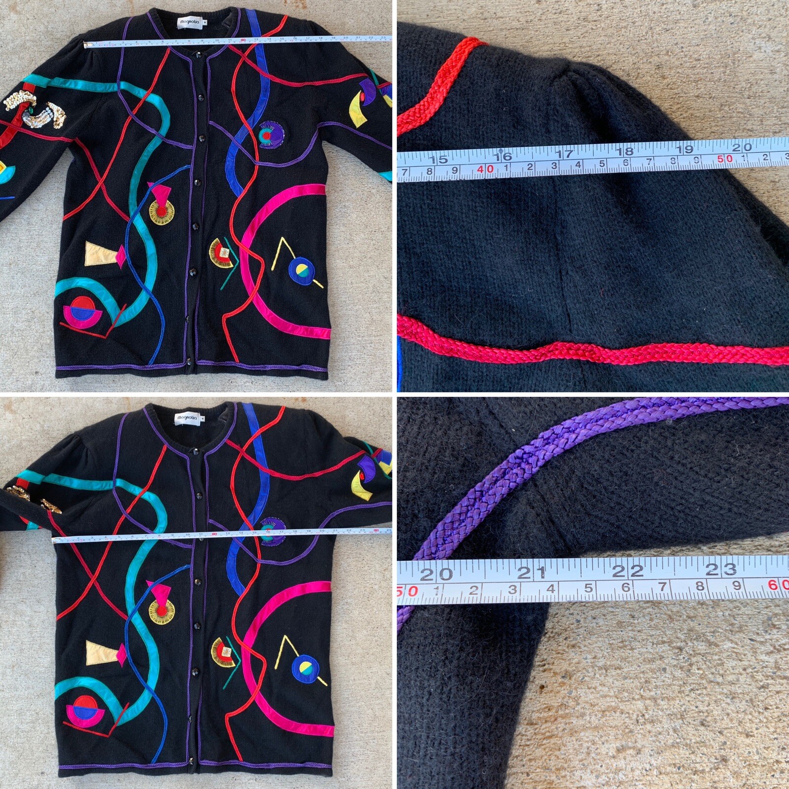 Vintage Magnolia Cardigan Sweater 80s 90s 1980s Geometric M Puffy Shoulders