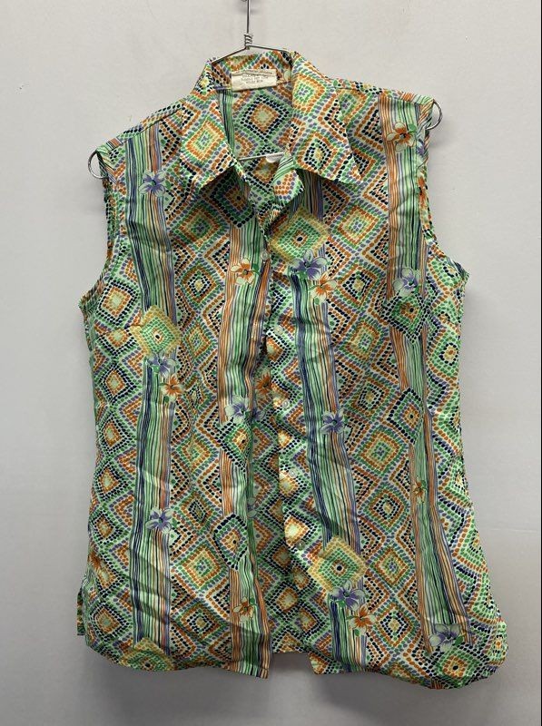 Vintage 70s Kmart Women’s Sleeveless Geometric Floral Print Blouse Sz 34