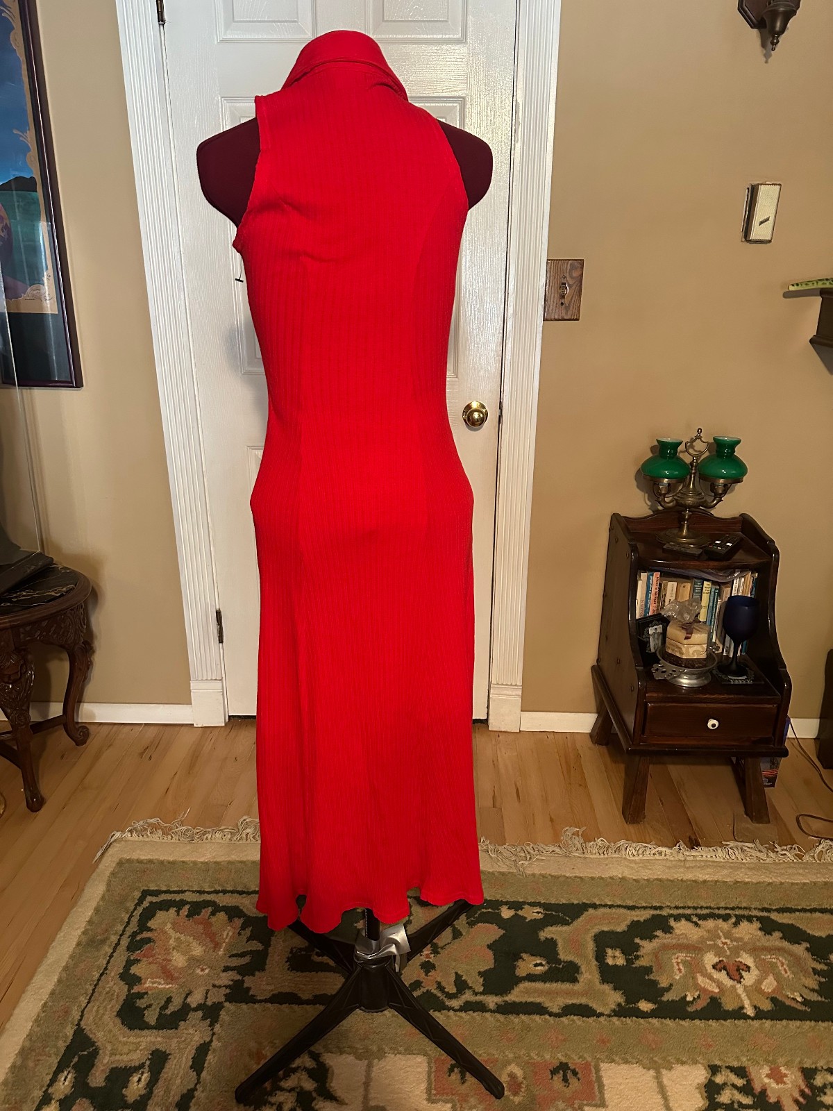 Vintage 100% Cotton Womens Button Front Maxi Dress Red Classic Sundress XS