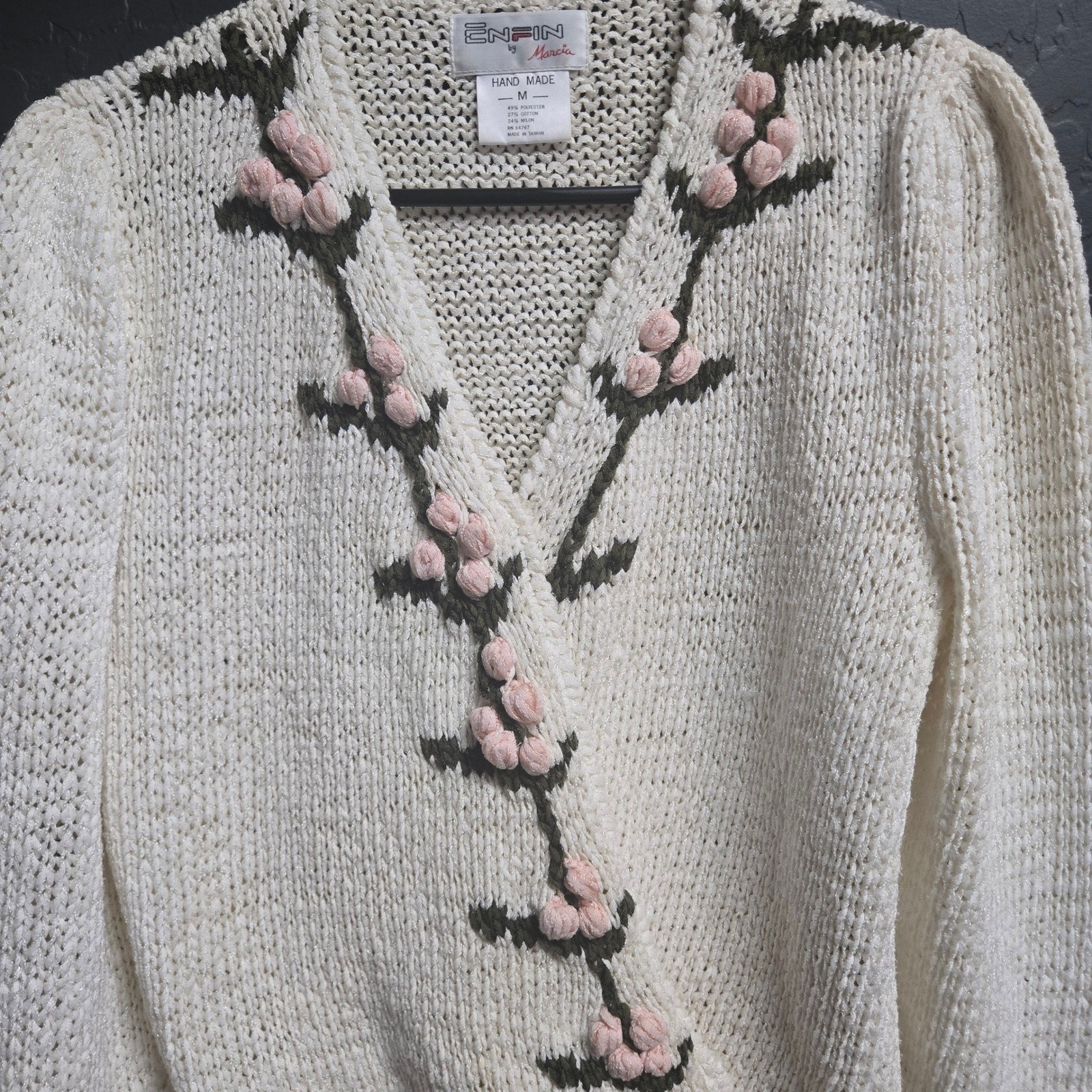 Enfin by Marcia Vintage Handmade Floral Knit Sweater Cream Pink 3D Popcorn M