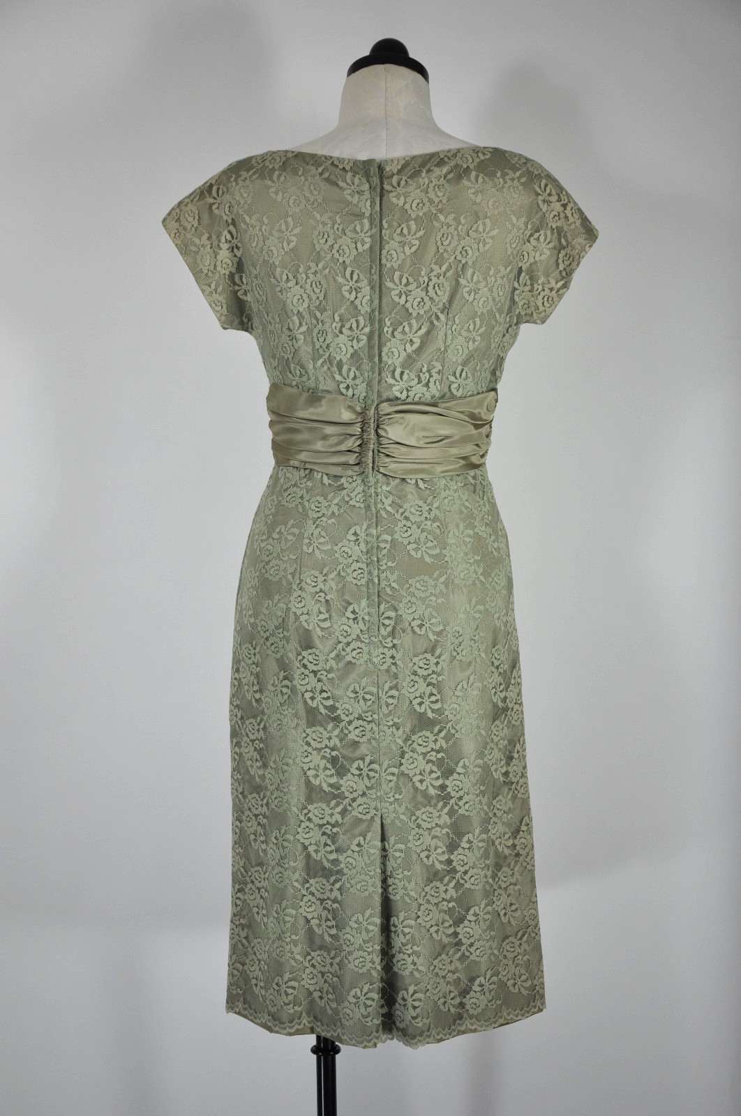 60s Vintage Sage Green Floral Lace Midi Sheath Wiggle Cocktail Dress Women XS S