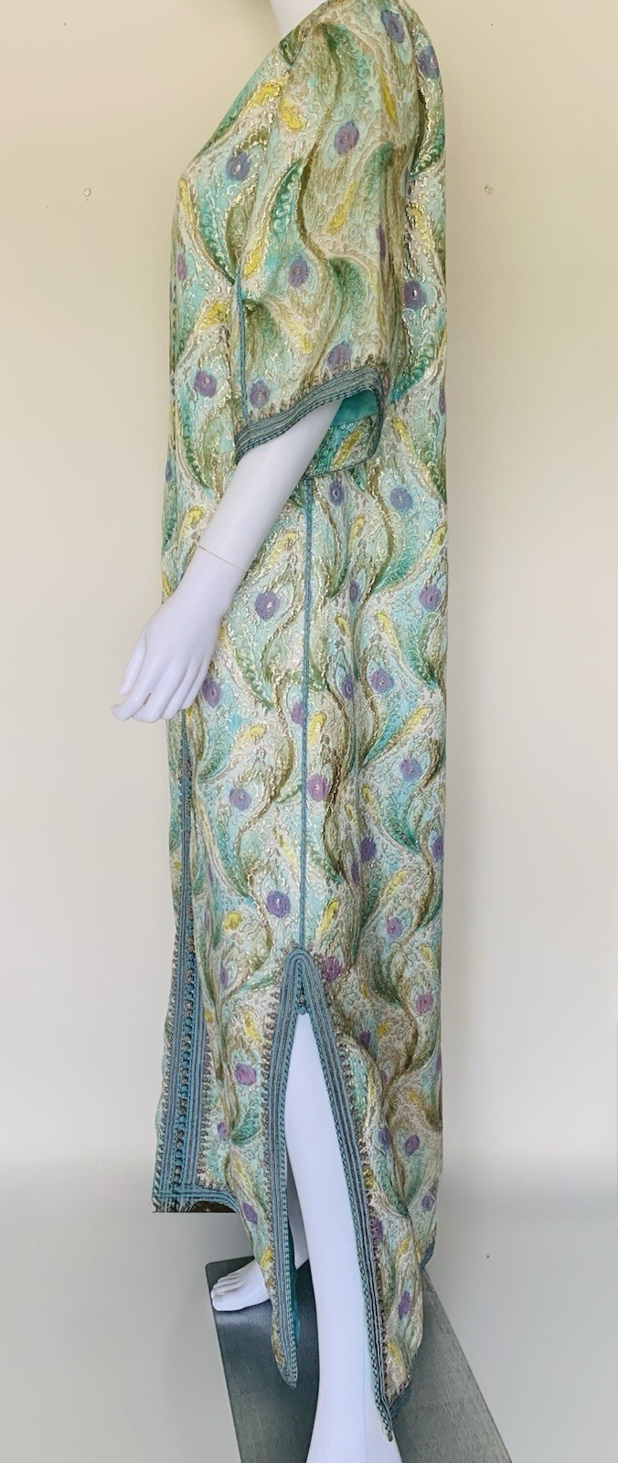 Vintage 1960s 70s Metallic Lurex Blue Purple Silver Caftan Moroccan Maxi Dress L
