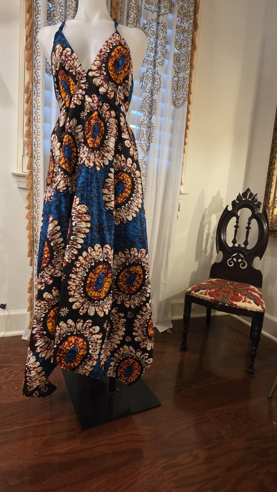 Handmade African Bombchel Multicolor Print Halter Maxi Dress Black Blue OS