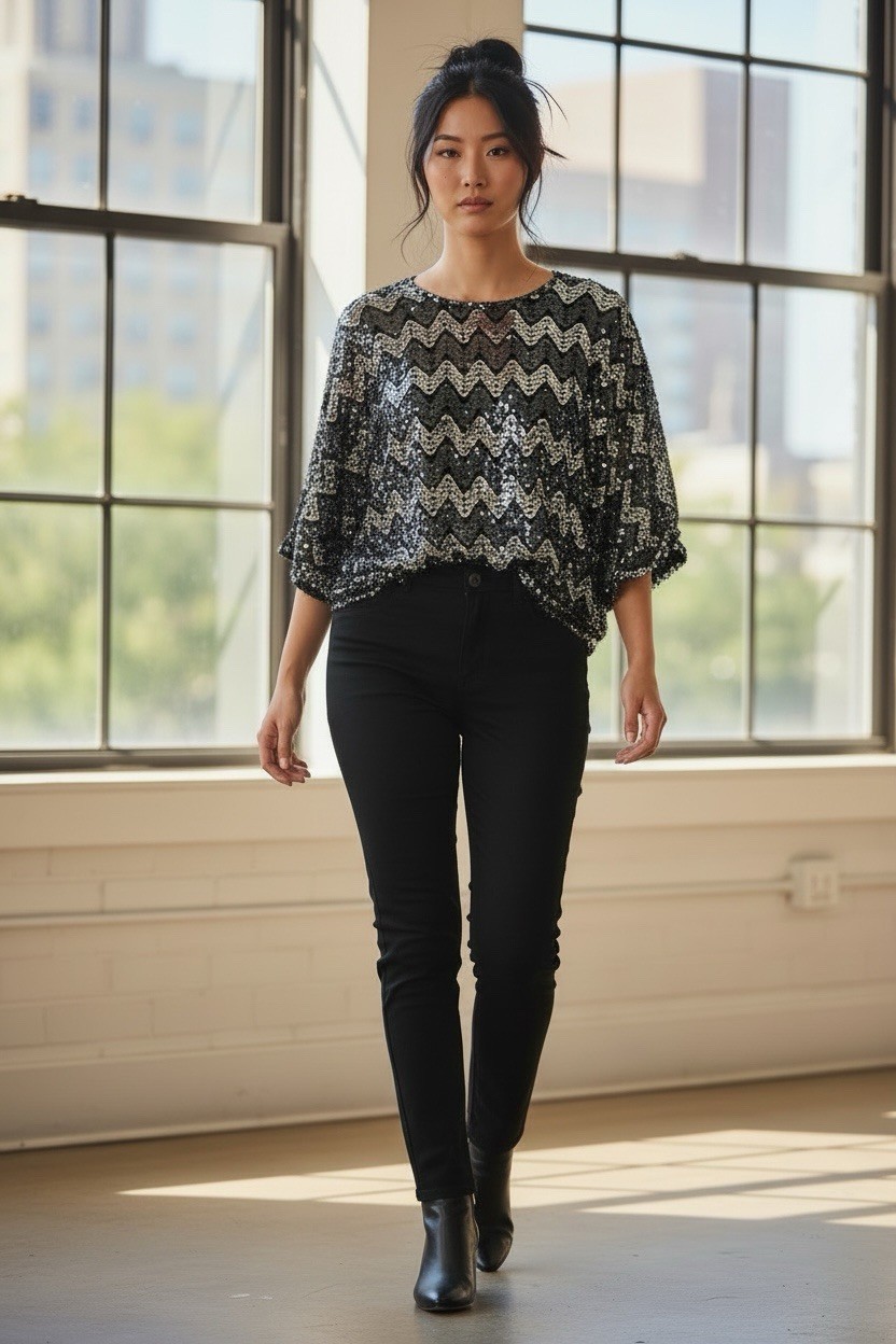 Vintage 80s Sequin Batwing Top Black Silver Chevron Dolman Sleeve Party Blouse