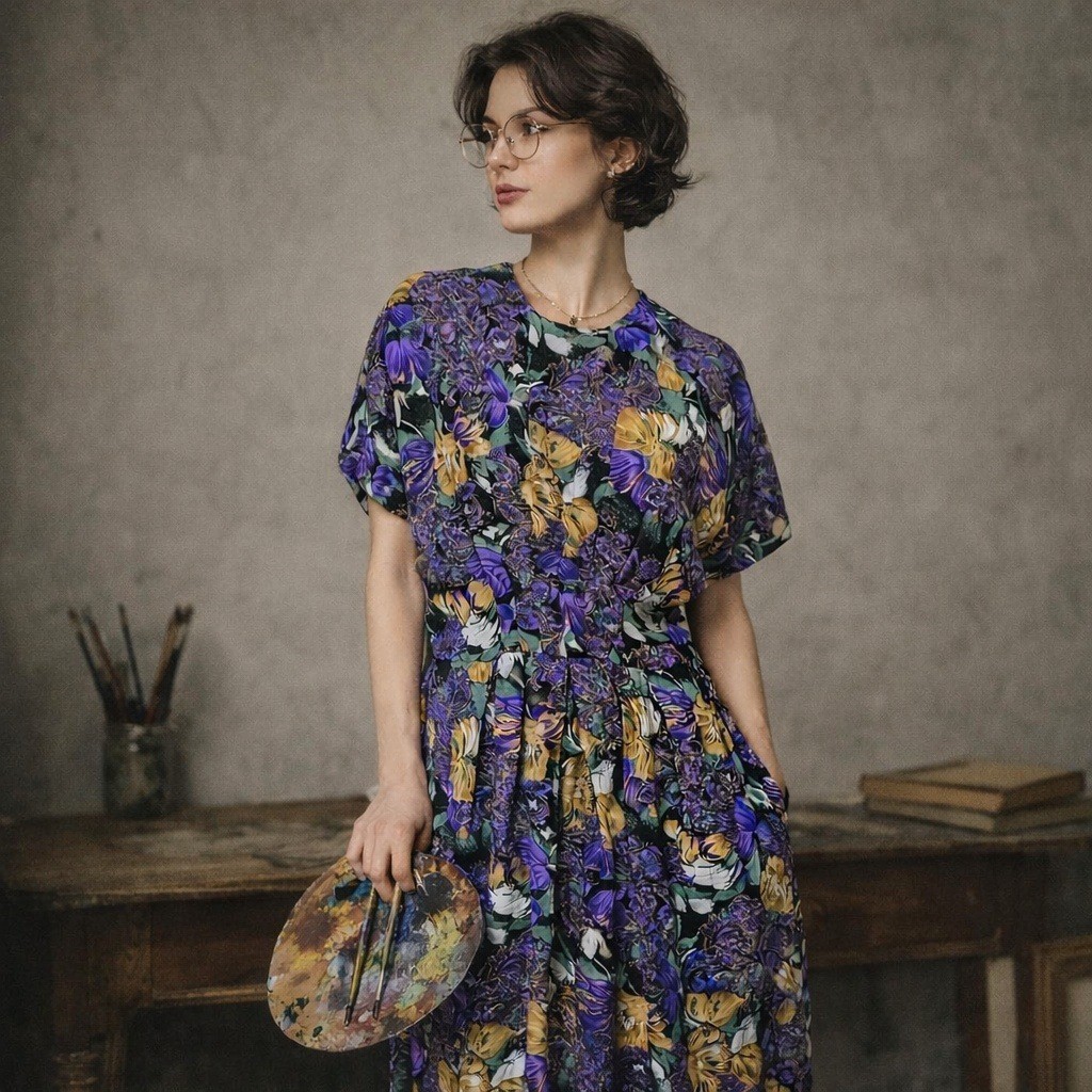 Vintage Pellini Petites Floral Rayon Dress Purple Gold USA Artsy Dark Academia