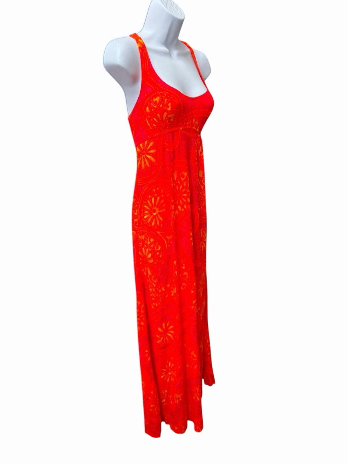 Vtg 70s Tropical Psychedelic Print Maxi Dress Xs/S Orange Sleeveless Stretch
