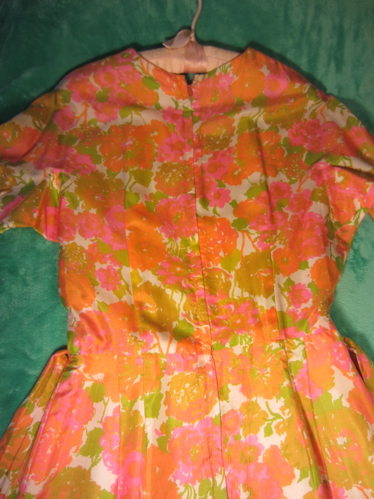 Vintage~Hand Sewn Silk Dress/Belt~60’s Era~Pink/Orange/Olive/Cream~Form Fitting