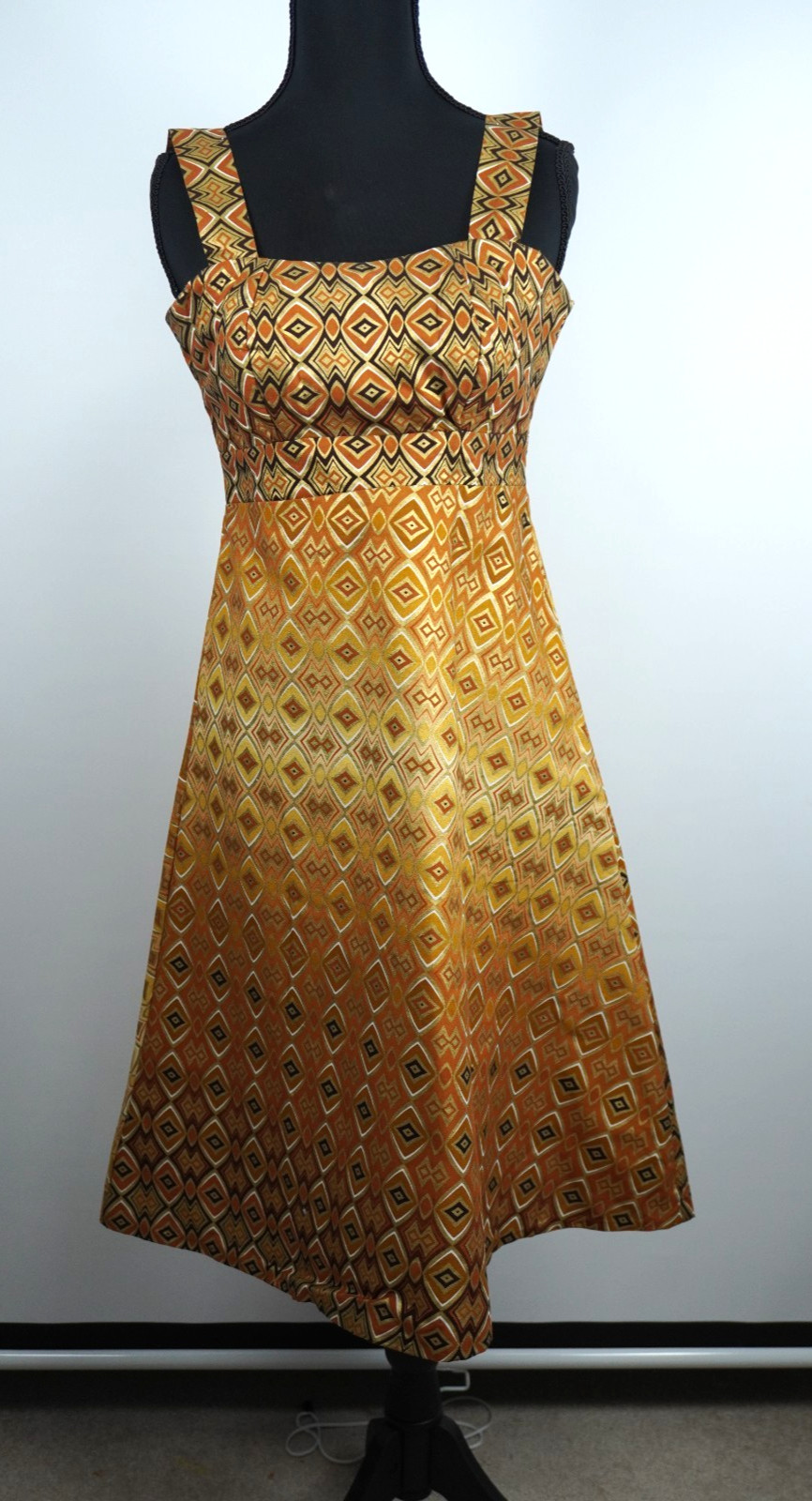 Retro 1960s Dress XS gold and brown boho retro empire style handmade Geometric