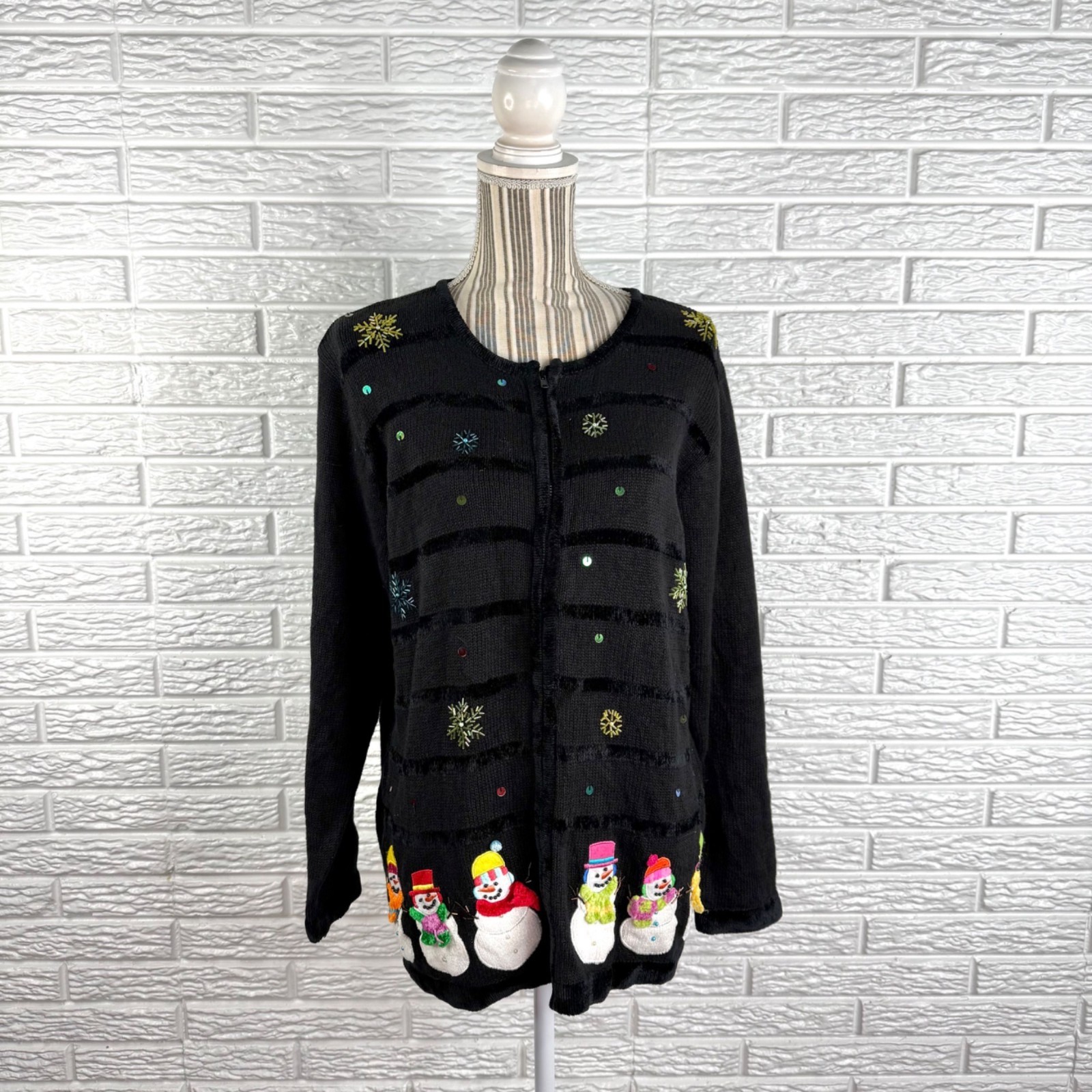Vintage Quacker Factory Christmas Cardigan Sweater Embroidered Snowman Sz Medium