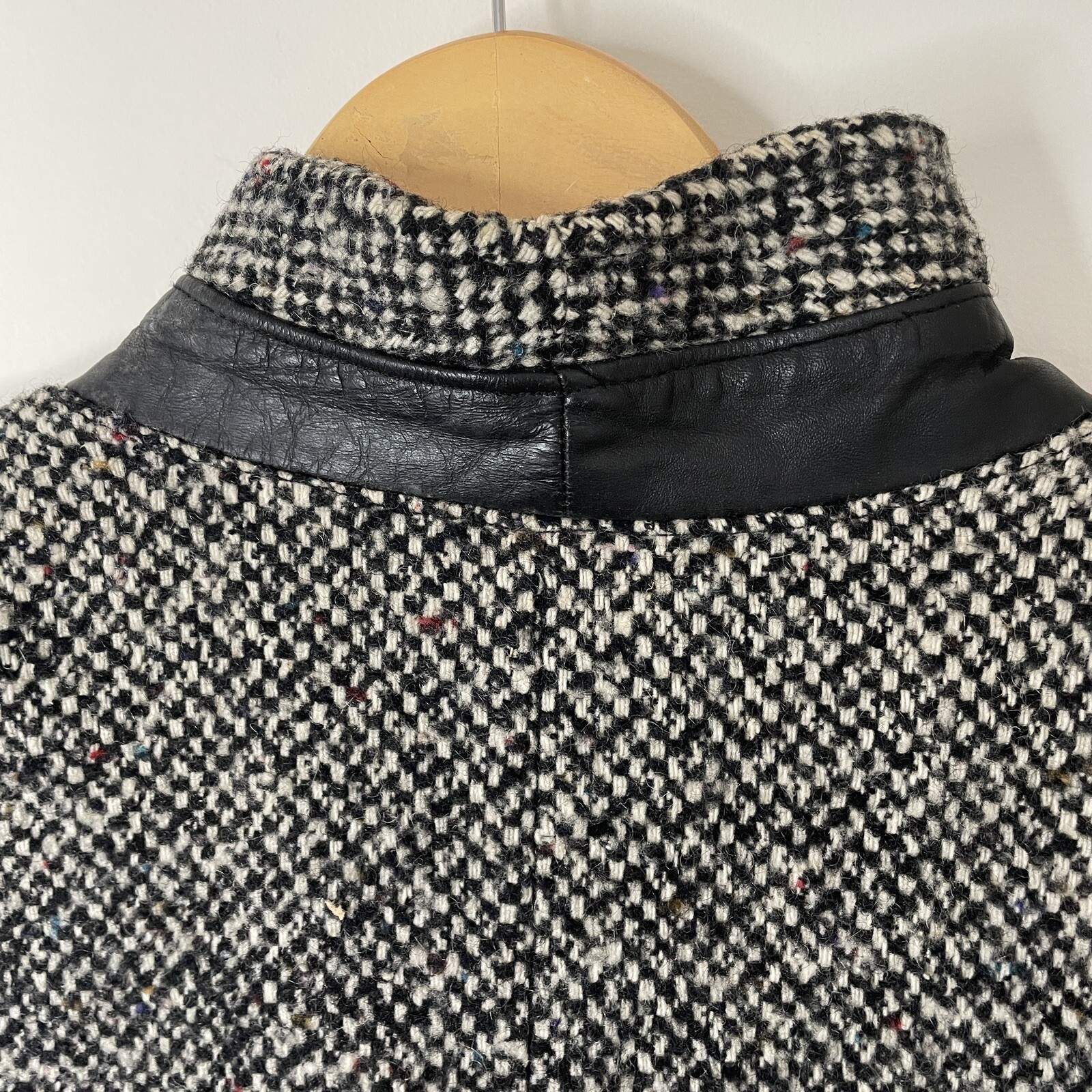 Vtg 80s DONNYBROOK Black White Tweed Long Coat w/Leather Accents Women Sz 12