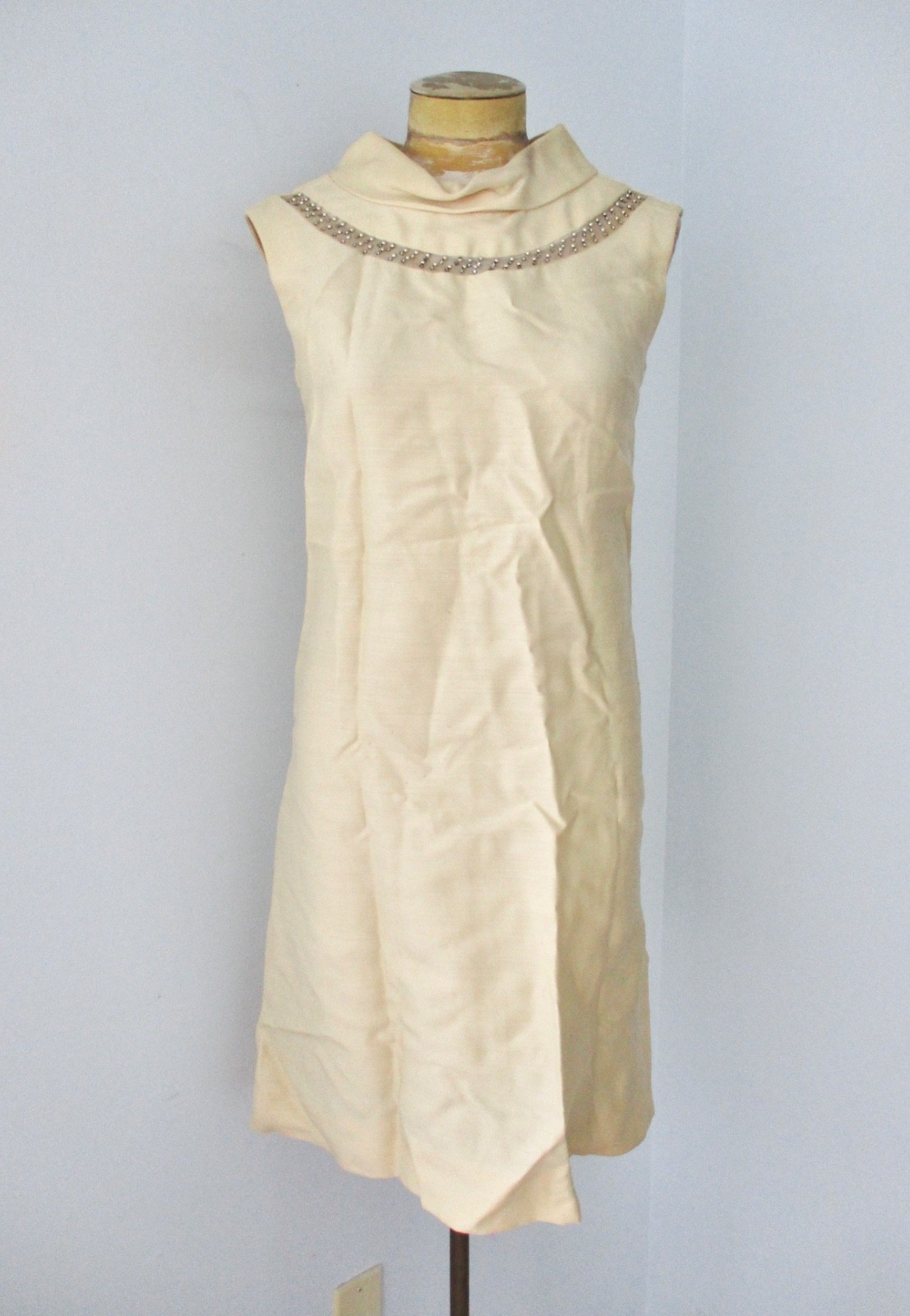 Vtg 60s champagne silk shantung column tunic dress hi collar bead pearl neck S/M