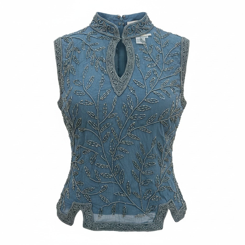 Jasjas Designs New York VTG Women’s Silk Beaded Sleeveless Sequin Top GRN Size L