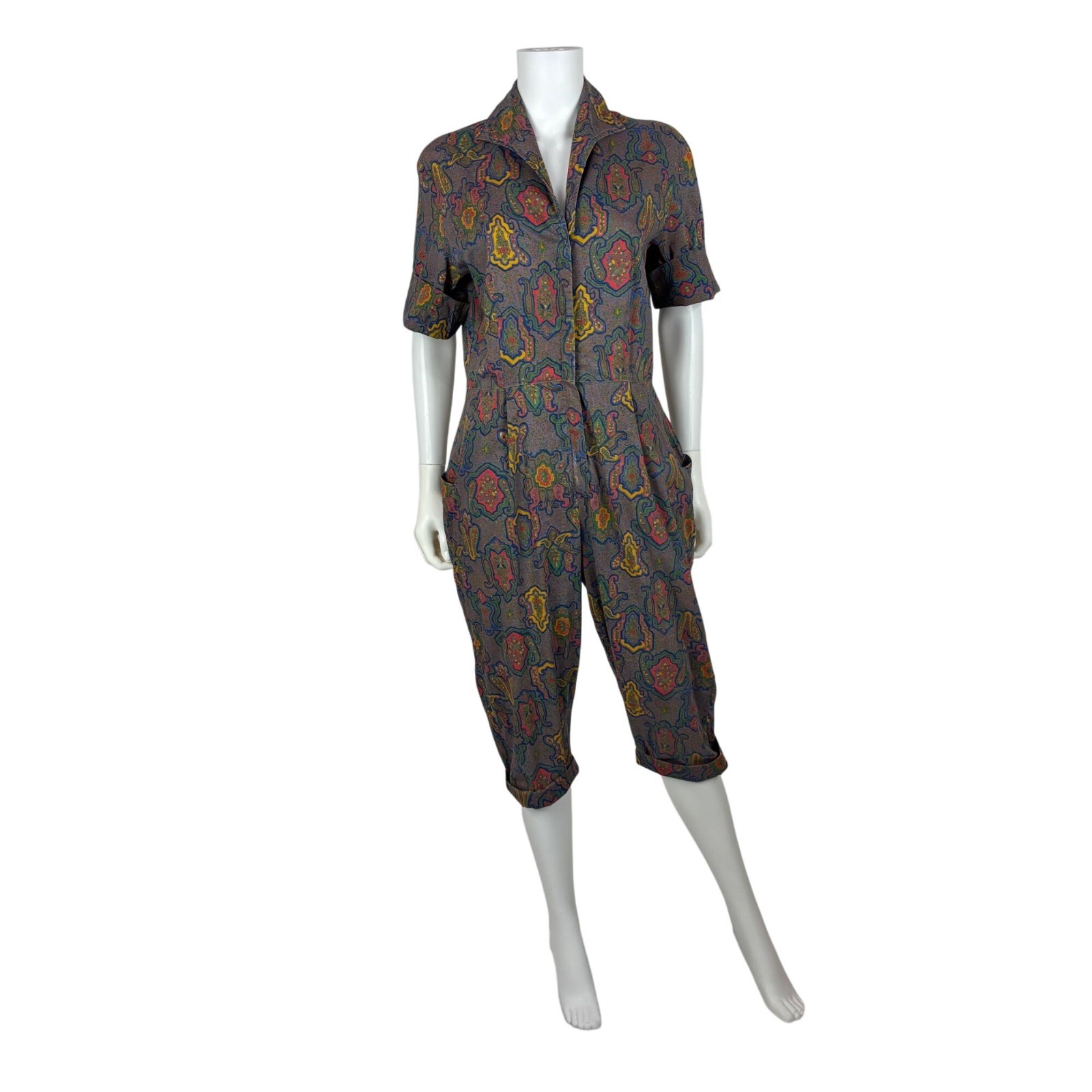 Vintage 50s Jumpsuit Womens L AS IS Multicolored Pattern Cotton Zip Up Casual