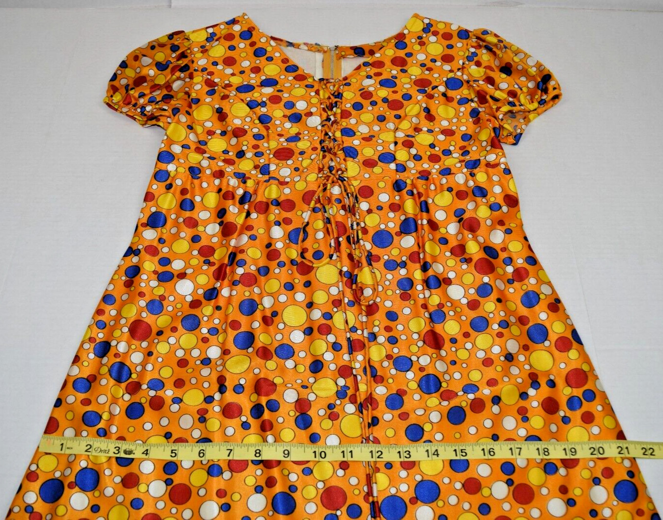 Vintage Mini Dress Size S/M 60s Shiny Orange Red Blue Polka Dot Cute Clown Lined