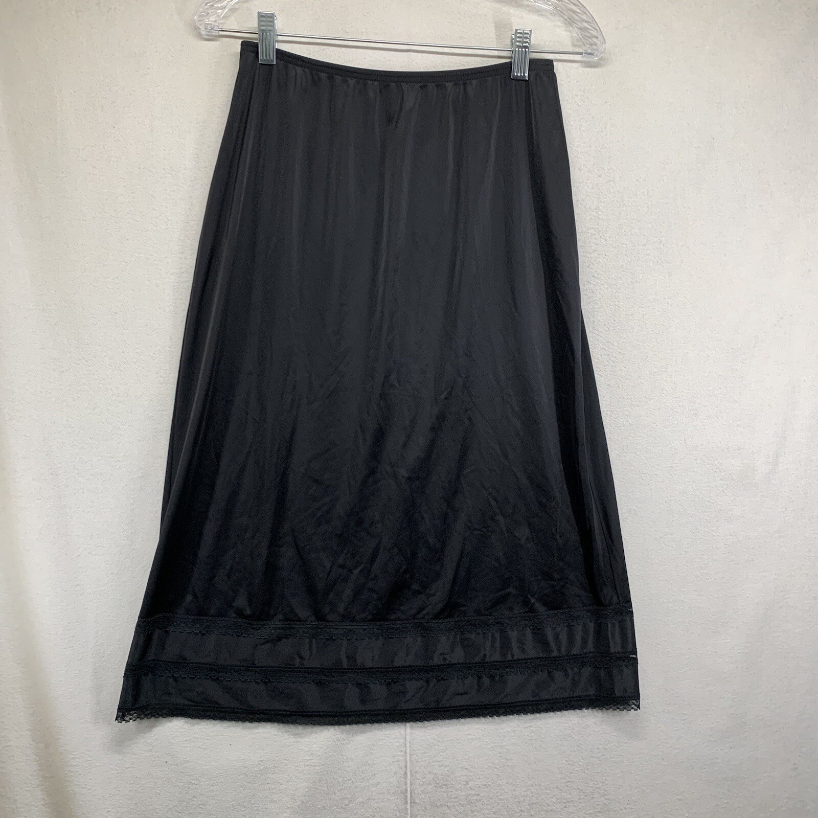 Vintage Woman’s Black Nylon Slip Size Medium Kayser Made In USA 26×28 Trim Deco