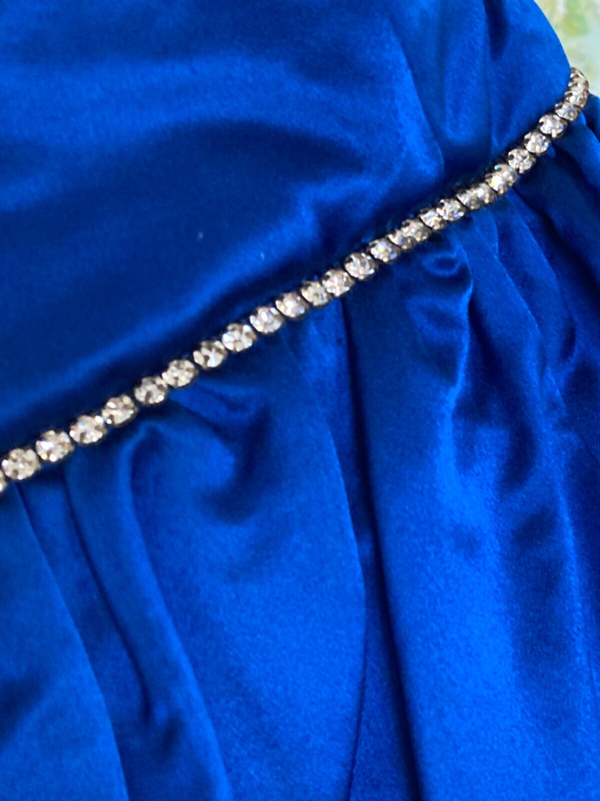 Vintage CACHE Peacock Blue Silk Bubble COCKTAIL Dress Rhinestones Strapless 36