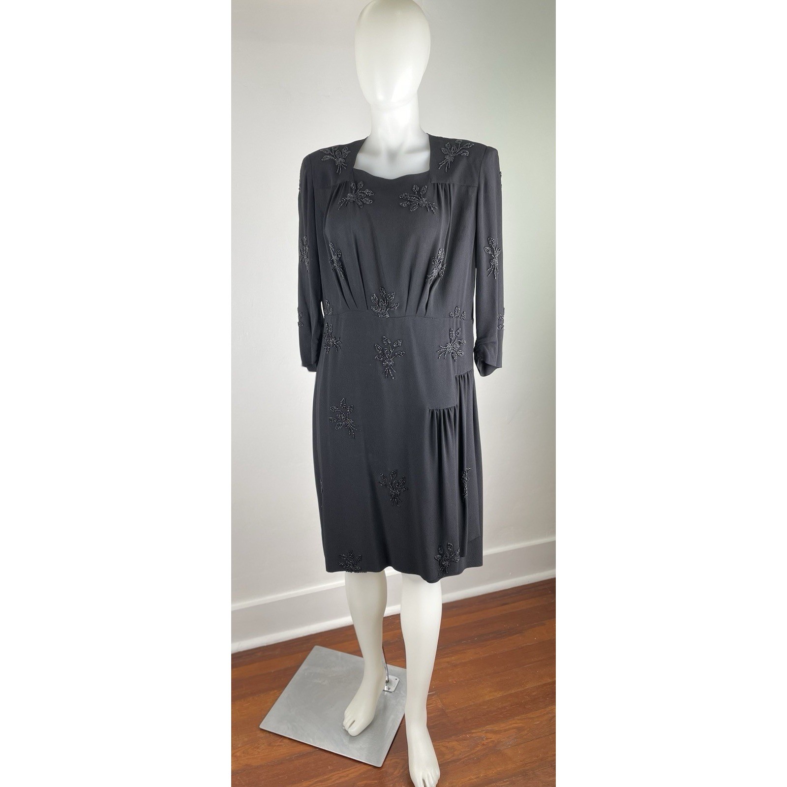 Vintage 40s Black Beaded Rayon Dress Beaded Formal Elegant READ