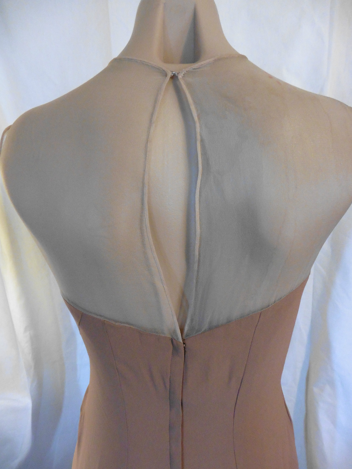 50s Beige Crepe Dress w/ Illusion and (Weird) Beading on Bodice Sz S