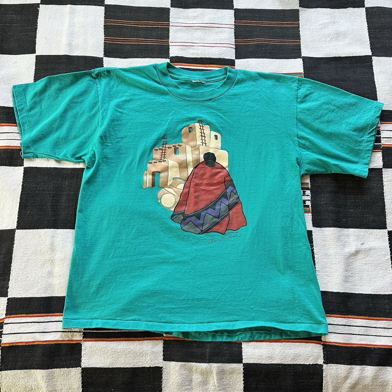Vintage 80’s Philip Lockard Southwest Pueblo Indian Art Design. Single Stitch. L