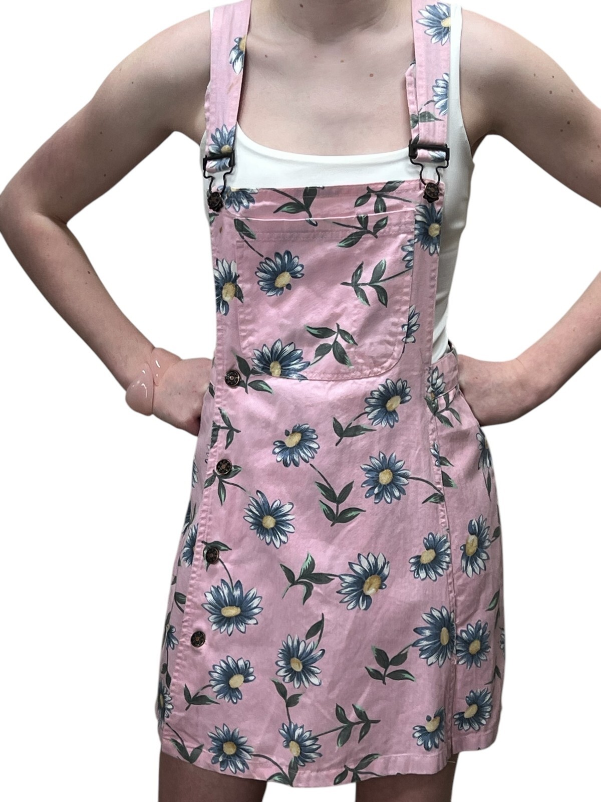 NOS Vtg 80s S/M Bib Pink Denim Skort Suspender Flap Shorts Playsuit Blue Daisies