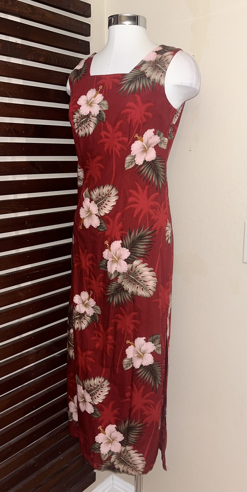 1990s 90s Vintage Red Hibiscus Floral Hawaiian Sleeveless Maxi Dress Side Slit S